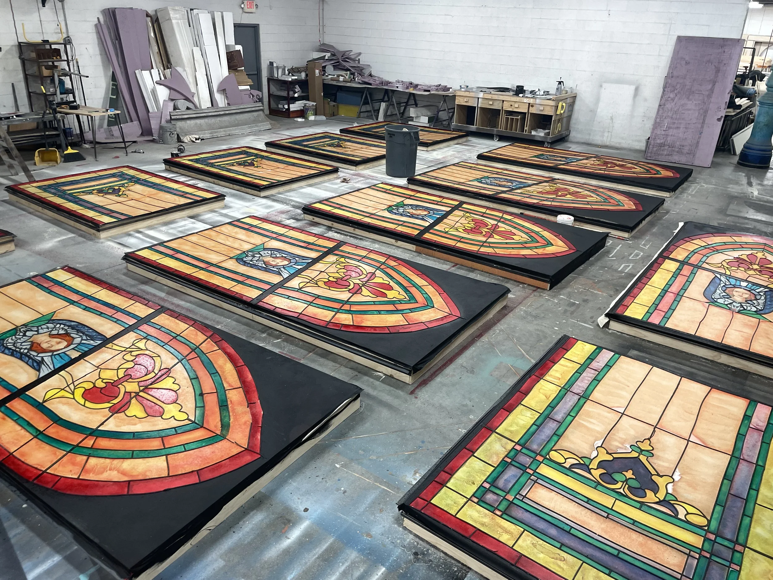 Dye and muslin stained glass windows for Adam Koch's design of Sister Act. Sampled by Emorie Mansur and painted by Emorie Mansur and Cadence Cloud