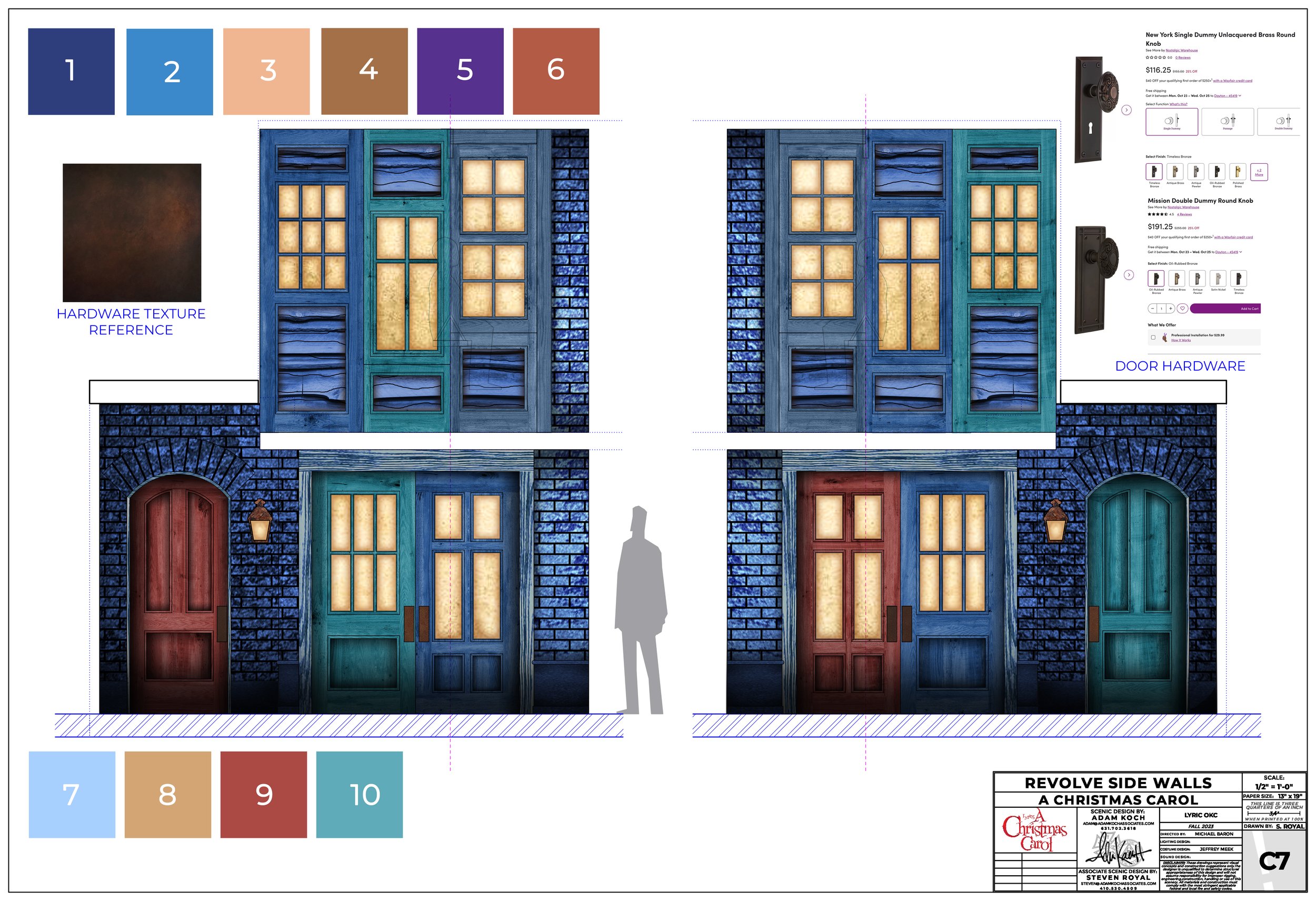 Design blueprint of a house with colorful exterior walls, front doors, and windows, labeled as part of a Christmas Carol themed project.