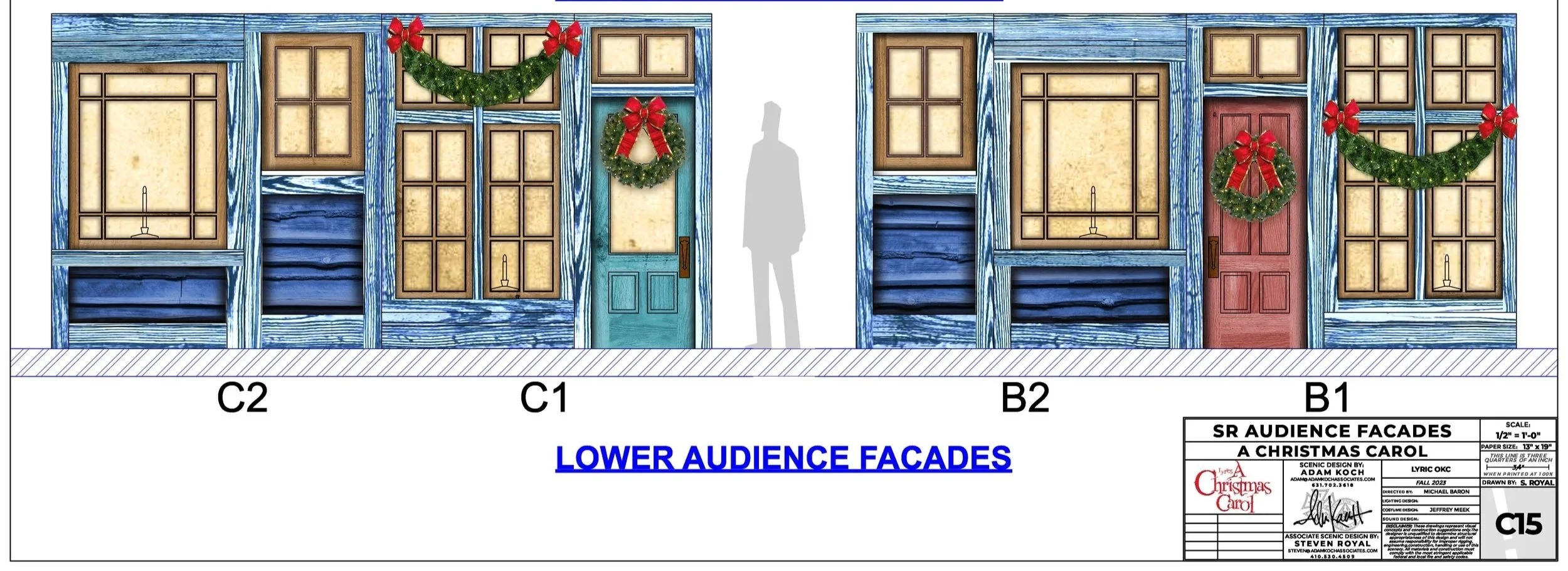 Designs for lower audience facades of a Christmas Carol theater set, featuring blue and red wooden facades decorated with Christmas wreaths, garlands, and bows, with silhouettes of a person for scale.