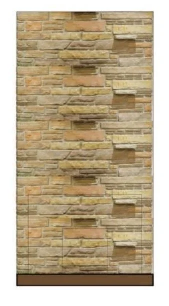 A vertical decorative stone wall with multiple stone shelves protruding at different heights.