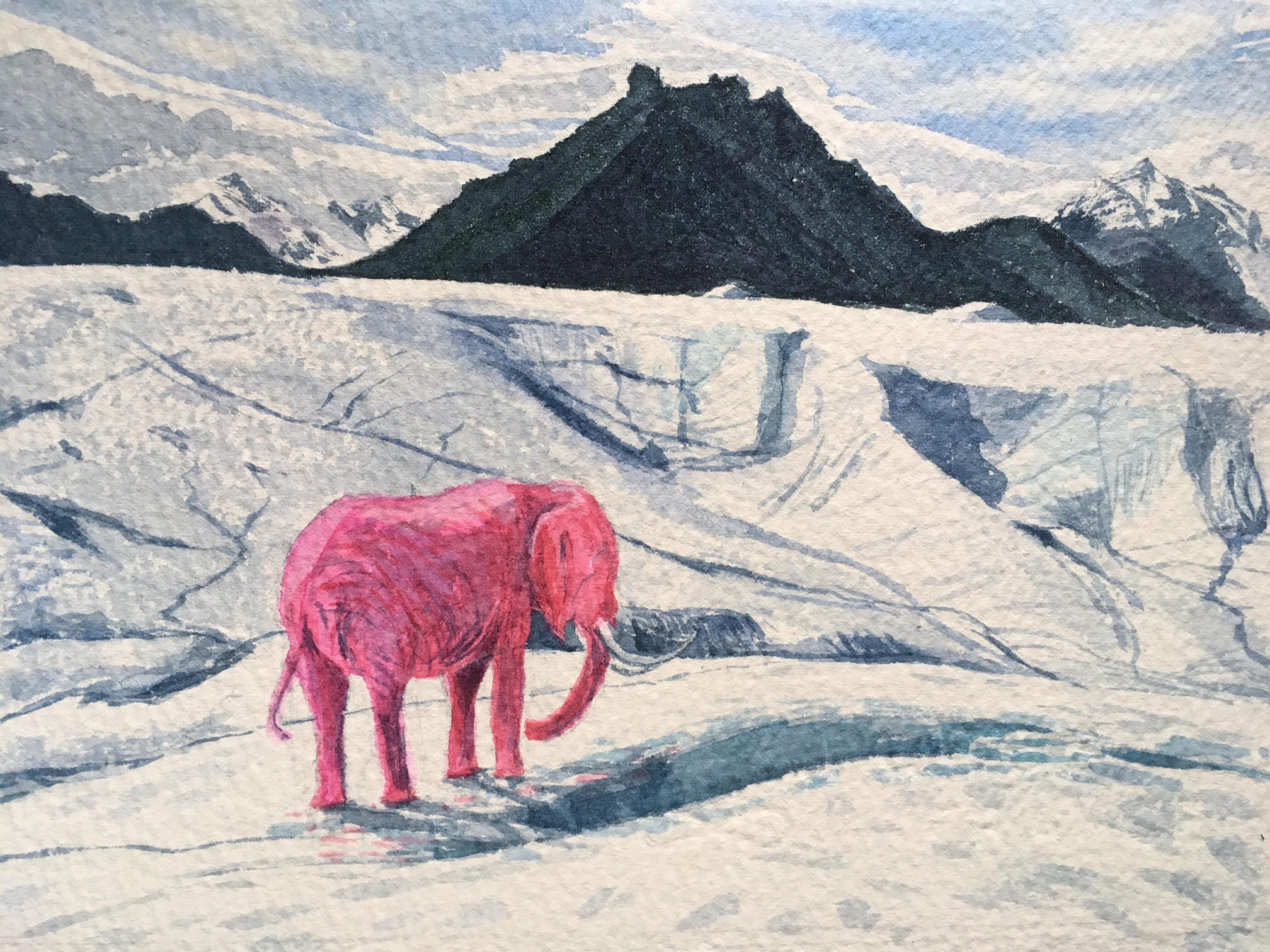 Pink Elephant on the Root Glacier, 7.5x5.5", 2017