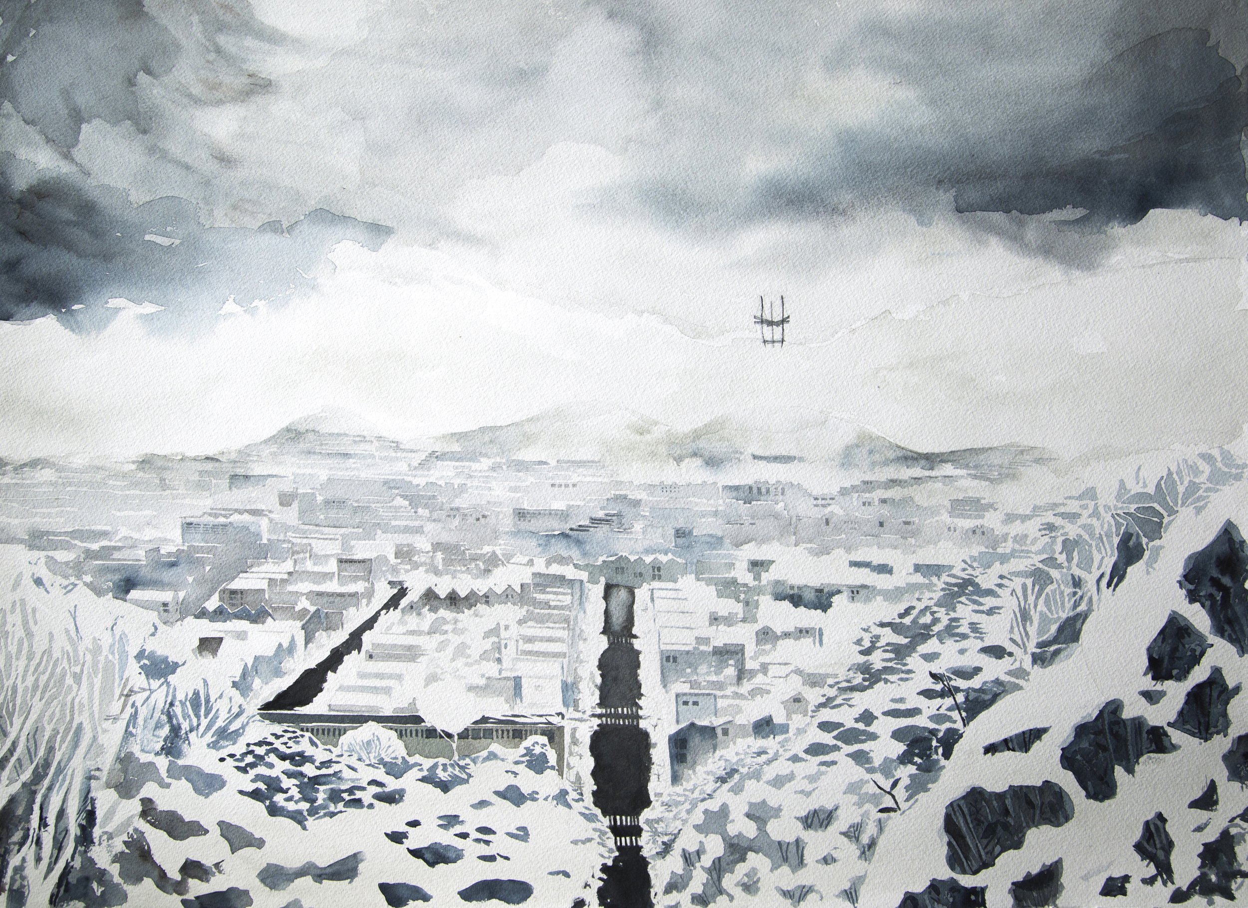 <i>San Francisco in the Snow: Twin Peaks</i>, 22 x 30", watercolor on paper, 2013