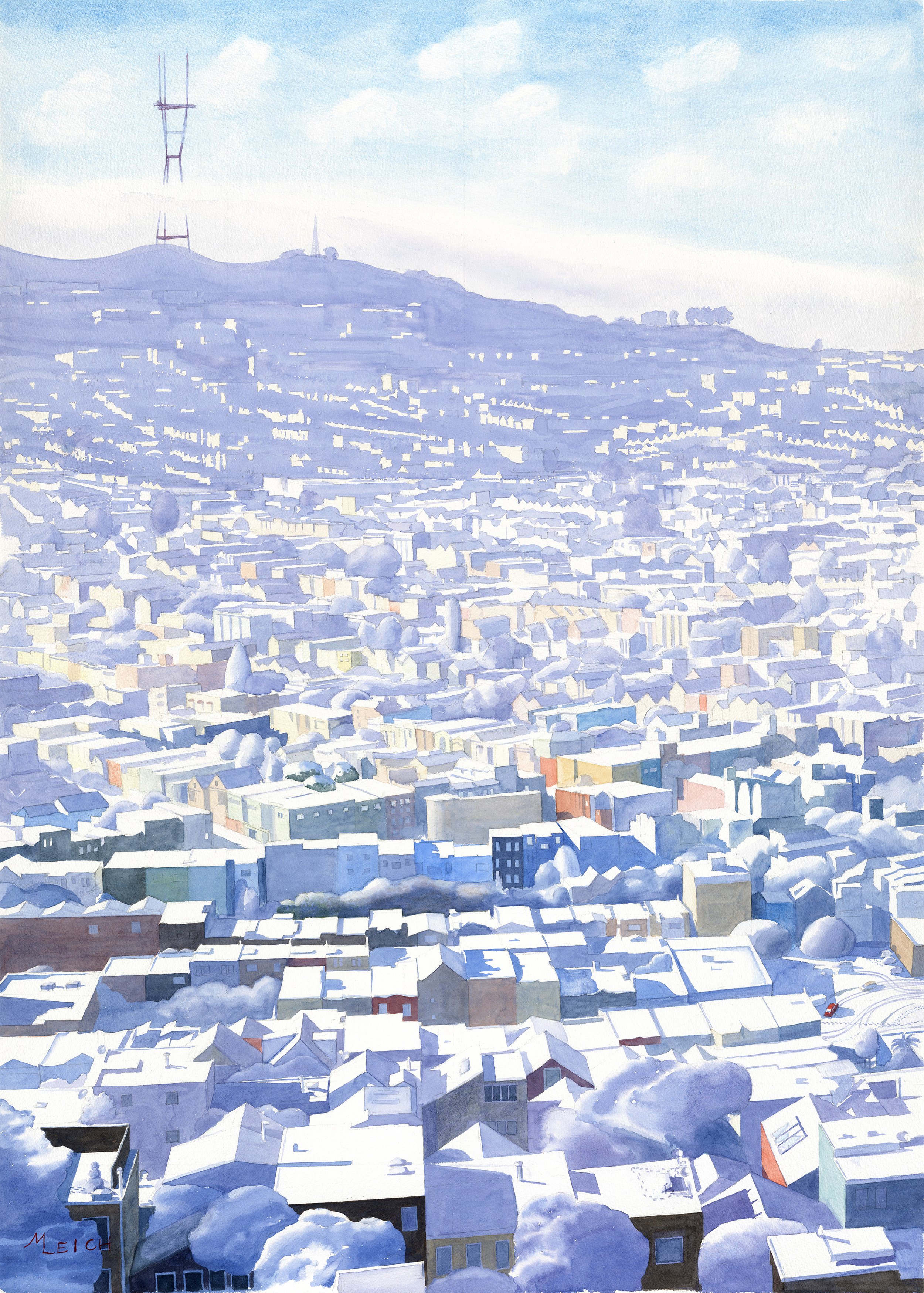 <i>San Francisco in the Snow: Sutro Tower from Bernal Heights</i>, 29 x 41", watercolor on paper, 2022