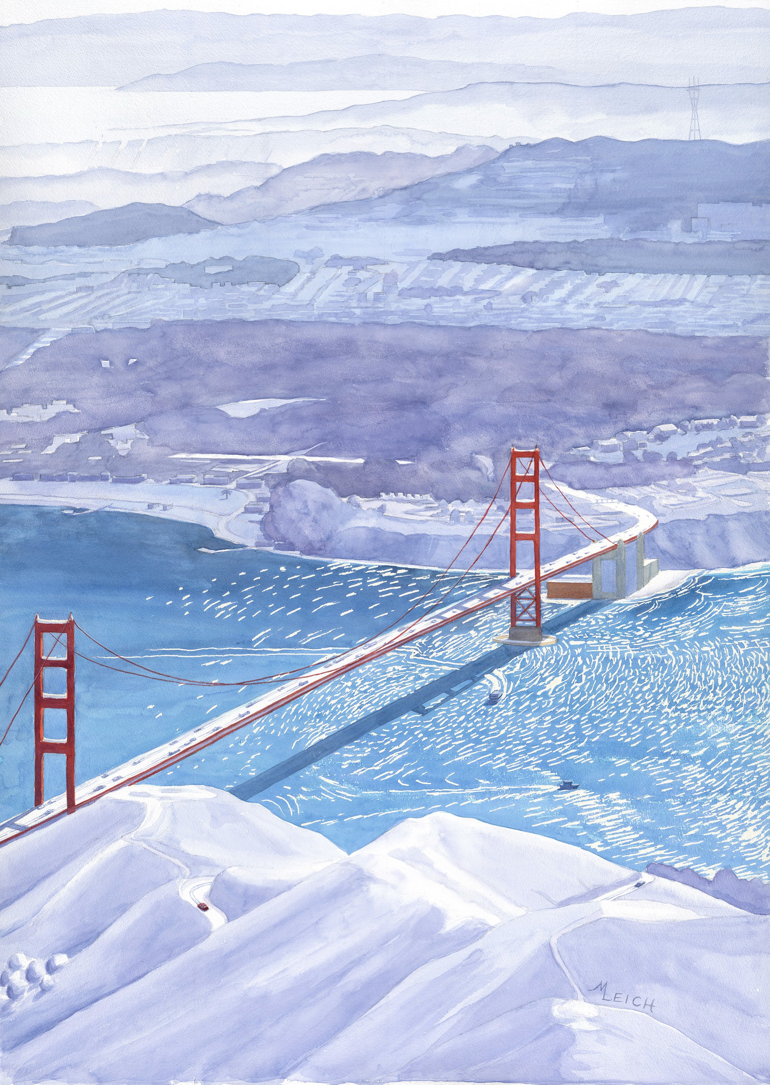 <i>San Francisco in the Snow: Golden Gate"</i>, 29 x 41", watercolor on paper, 2022