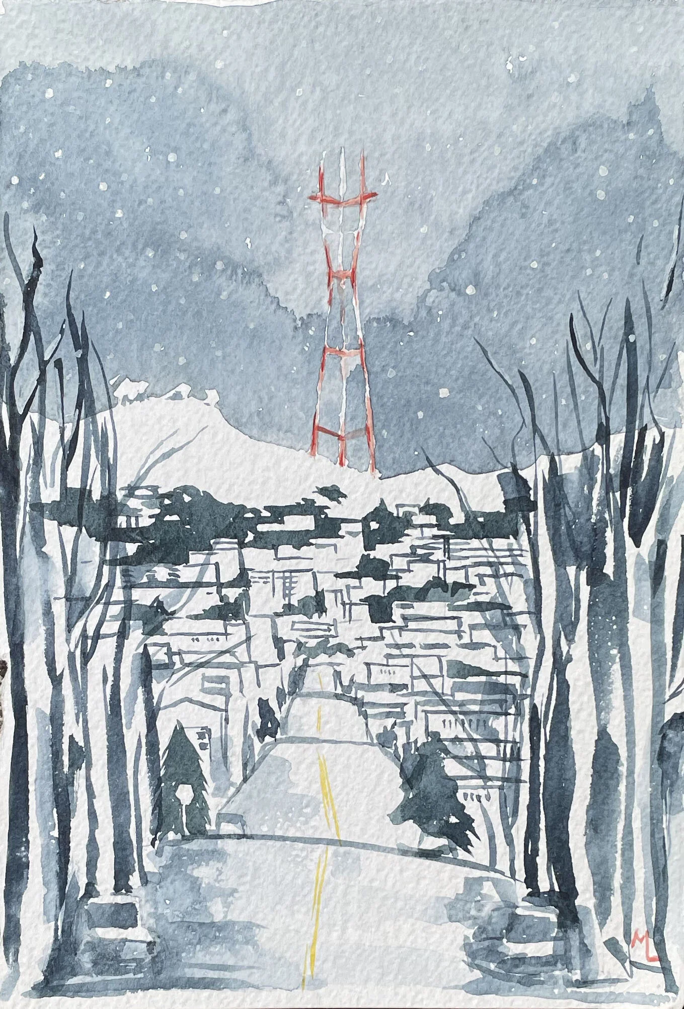<i>Sutro Tower in the Snow</i>, 6.5 x 10”, 2014