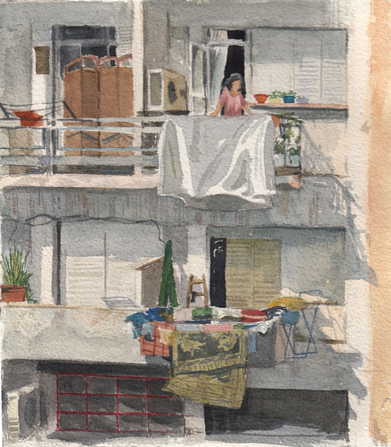 <i>Jaffa, Above Cafe Dina</i>, 8 x 10", watercolor on paper, 2011 (private collection)