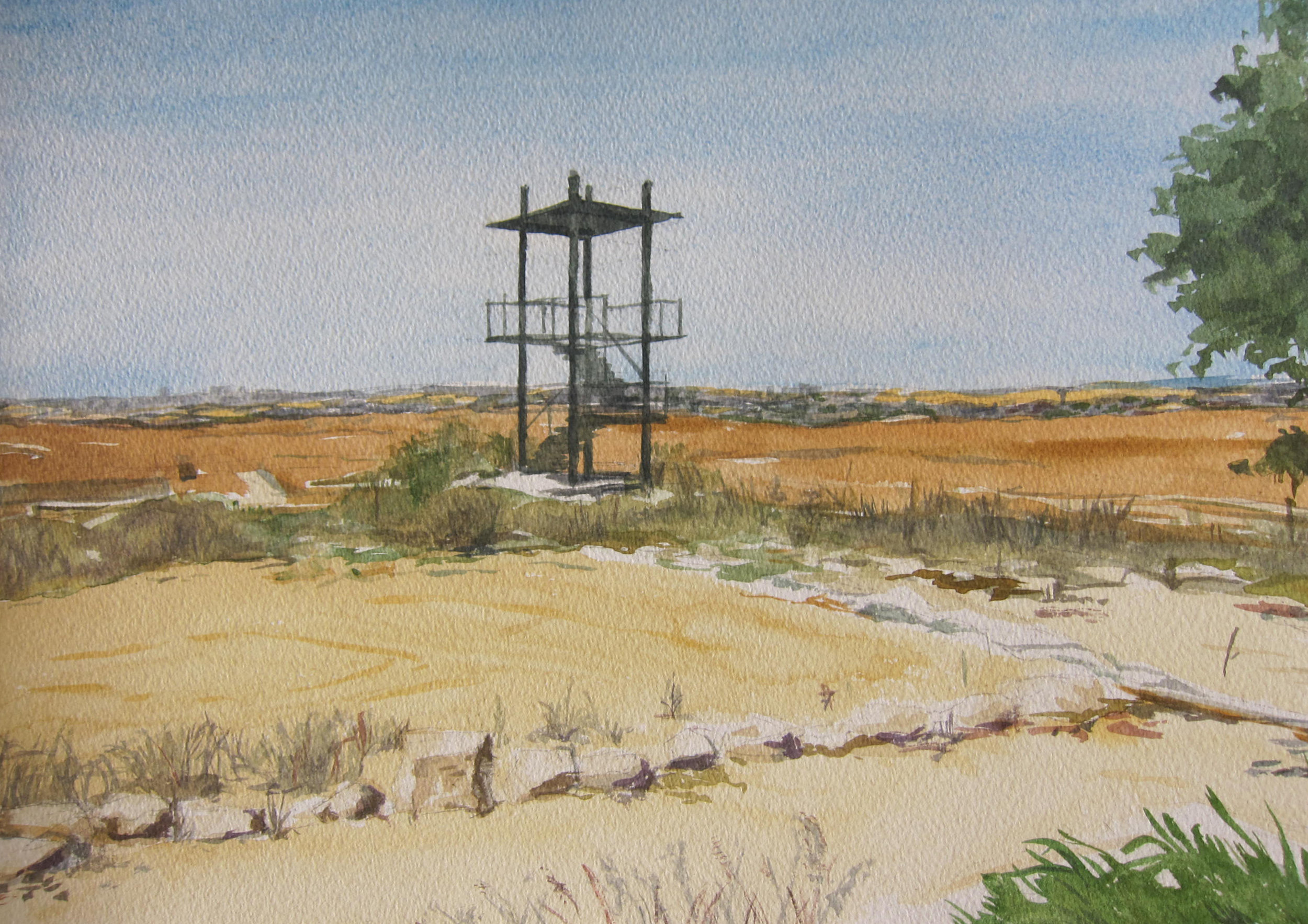 <i>Watchtower at the Gaza Border</i>, 11 x 15", watercolor on paper, 2011