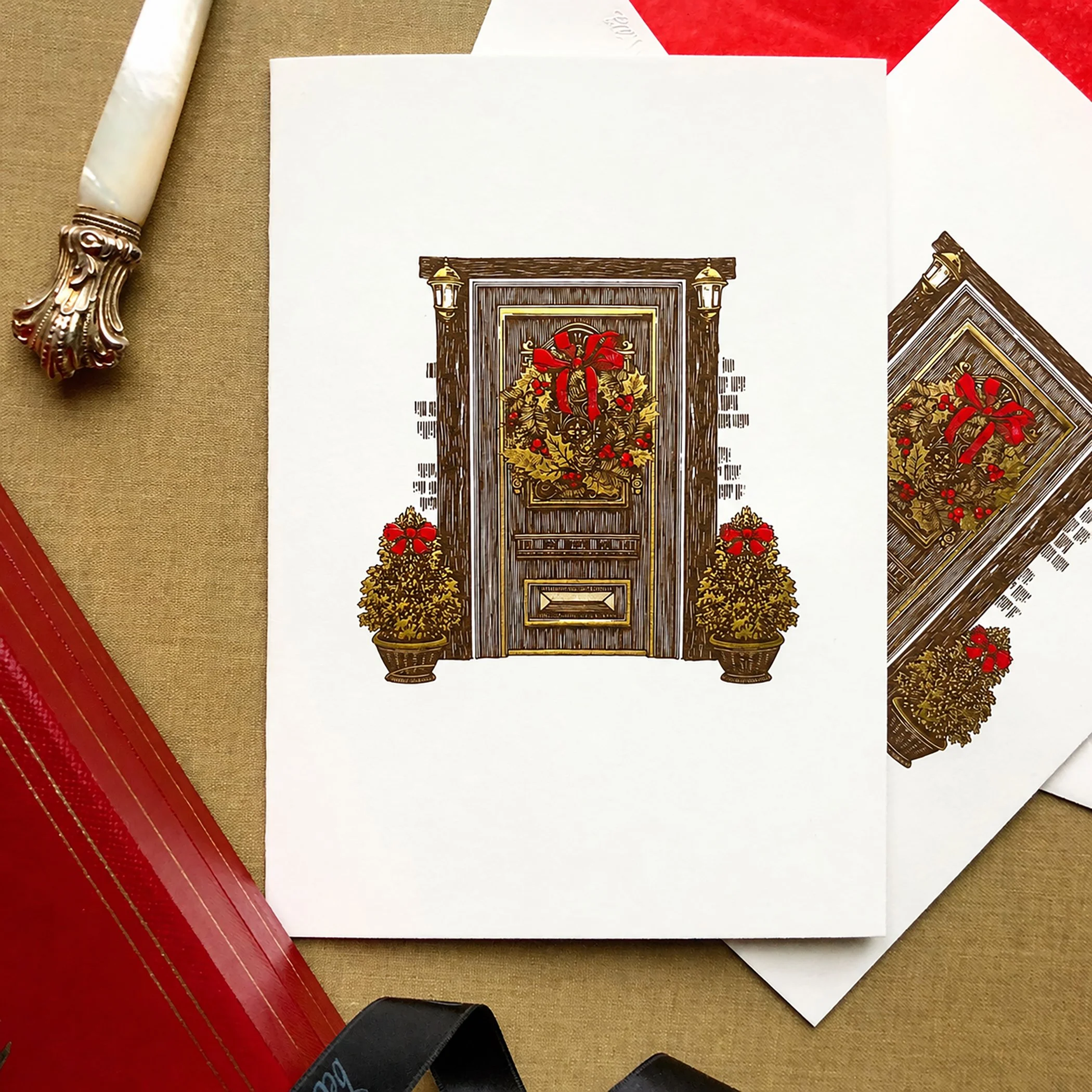 Engraved Holiday Door Folded Bespoke Note Cards