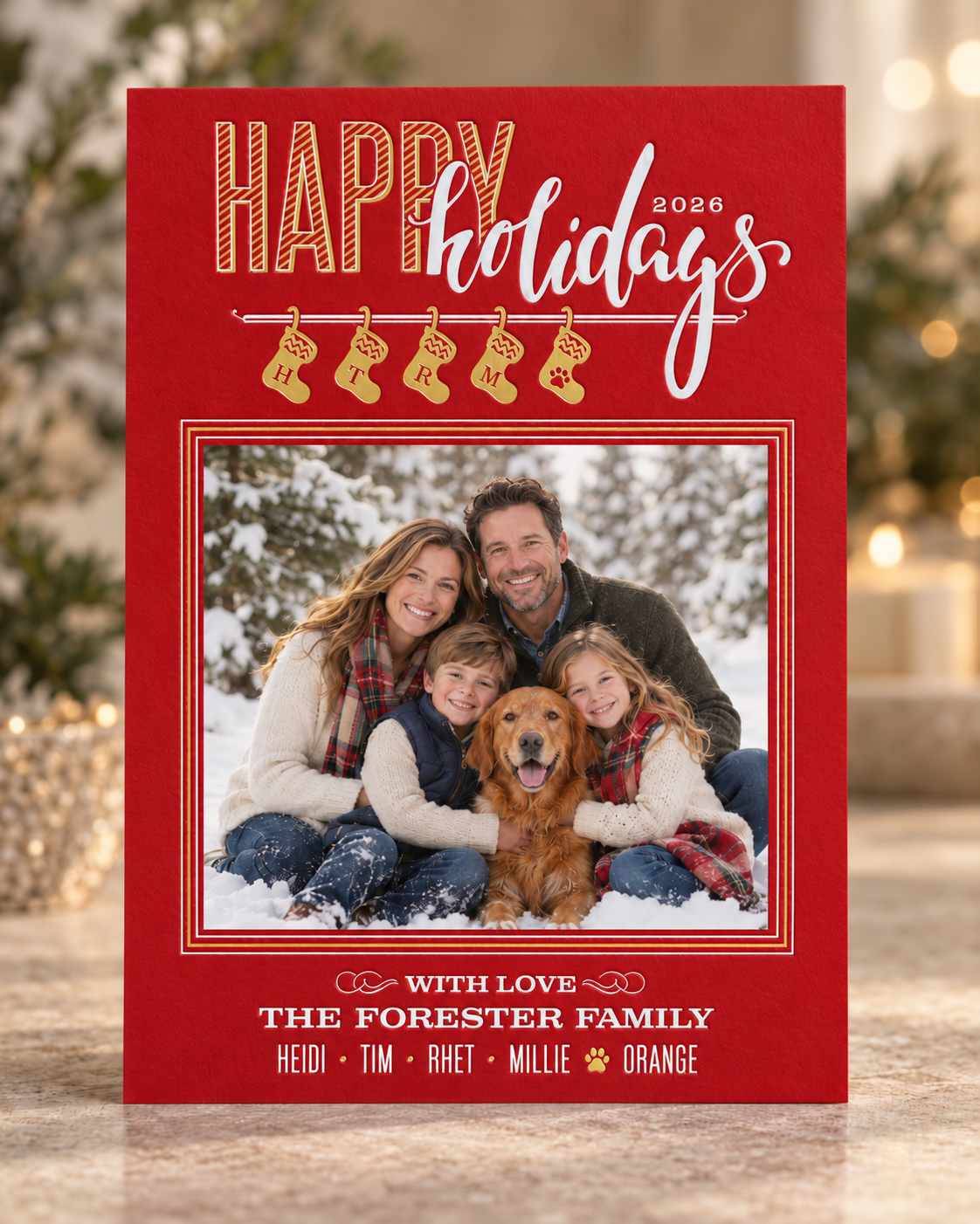 Happy Holidays Stockings Gold Foil Photo Holiday Card