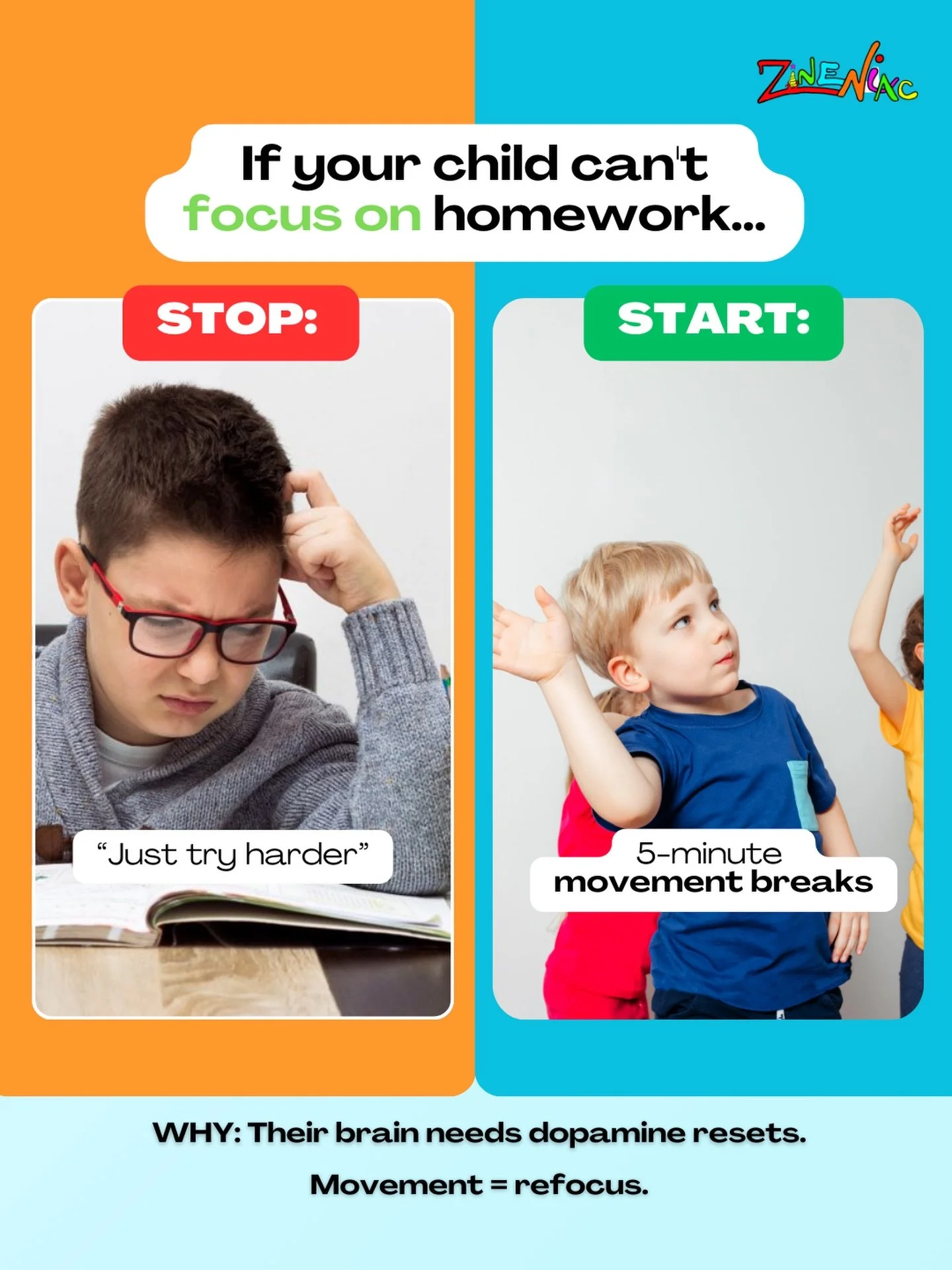 If your child can&rsquo;t focus on homework...

⛔ Change: &ldquo;Just try harder&rdquo; or silent desk time

✅ For: 5-minute movement breaks between tasks

🧠 Why it works: Their brain doesn&rsquo;t focus in a straight line &mdash; it needs dopamine 