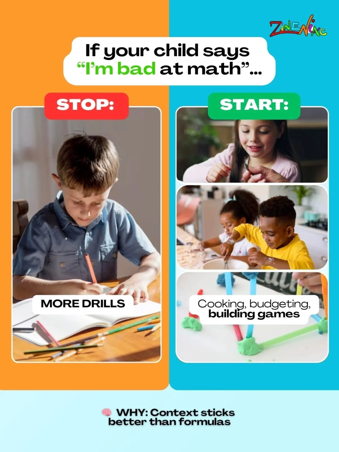 If your child says &ldquo;I&rsquo;m bad at math&rdquo;...⛔ Change: More practice problems and drills✅ For: Real-world math (cooking, budgeting, building, games)🧠

 Why it works: Abstract numbers don&rsquo;t stick. Context does.

📌 Save this if math