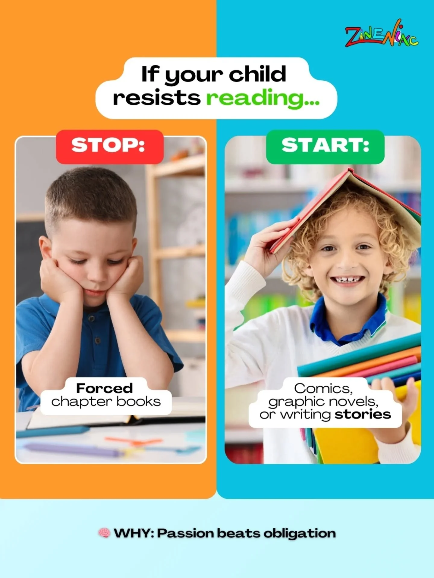 If your child resists reading...

⛔ Change: Forced &ldquo;chapter book&rdquo; time
✅ For: Comics, graphic novels, magazines or creating their own stories

🧠 Why it works: Passion beats obligation. Always.

📌 Save this for the next reading struggle
