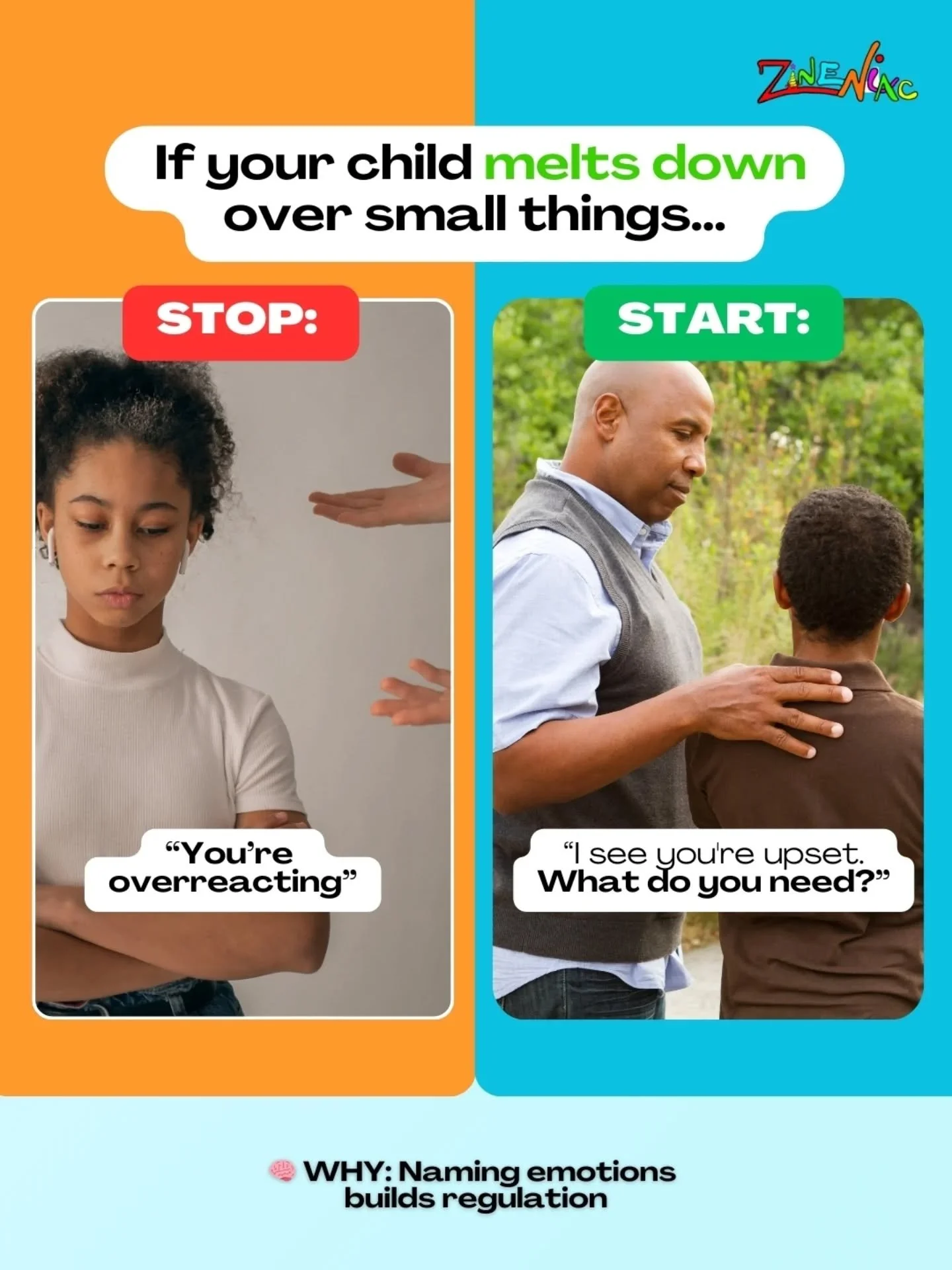 If your child melts down over small things...
⛔ Change: "You're overreacting" or "Calm down."
✅ For: "I see you're upset. What do you need right now?"
🧠 Why it works: Dismissing emotions teaches shame. Naming emotions b