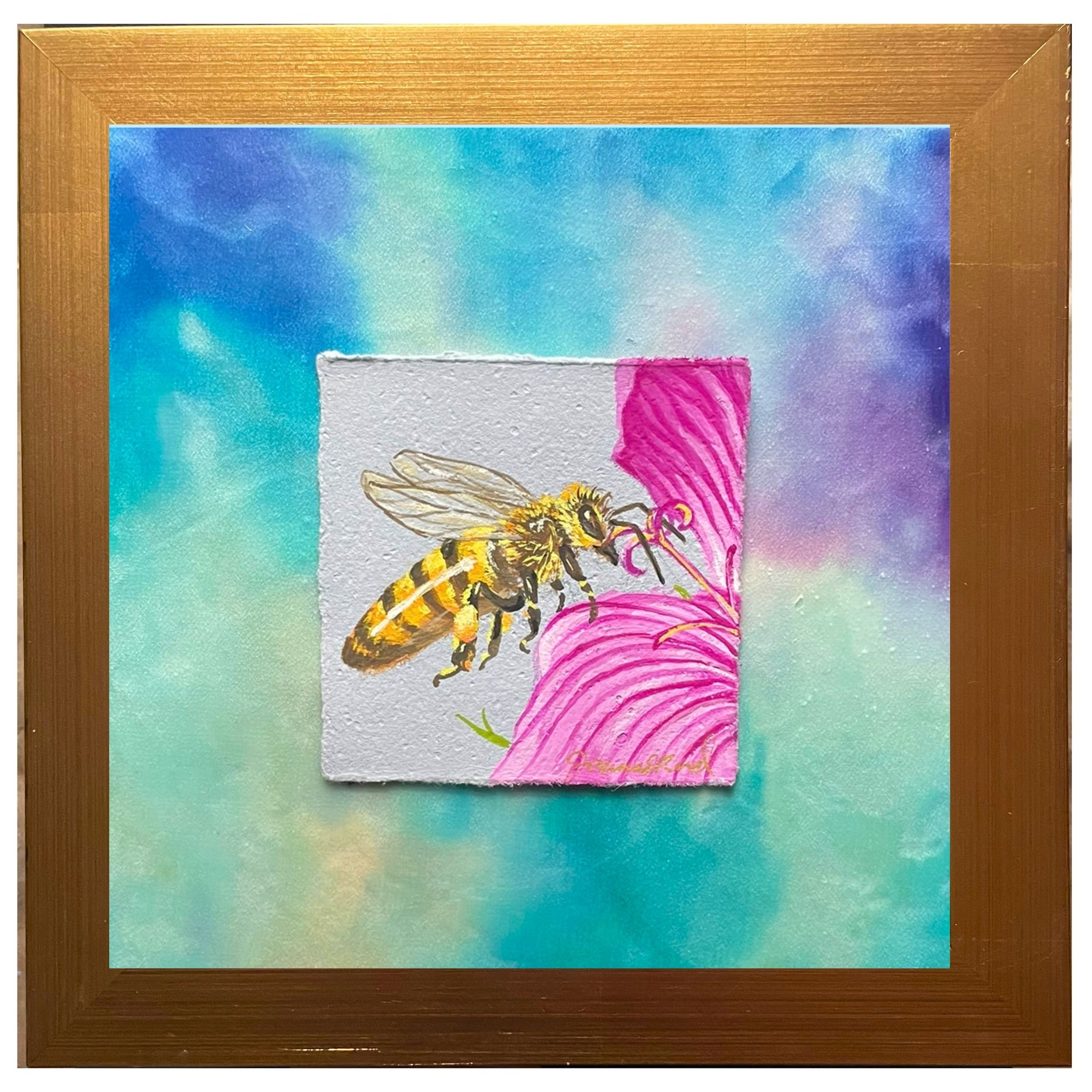 Realist honeybee painting with daffodil flower, created on handmade journal paper and mounted on silk and wax panel