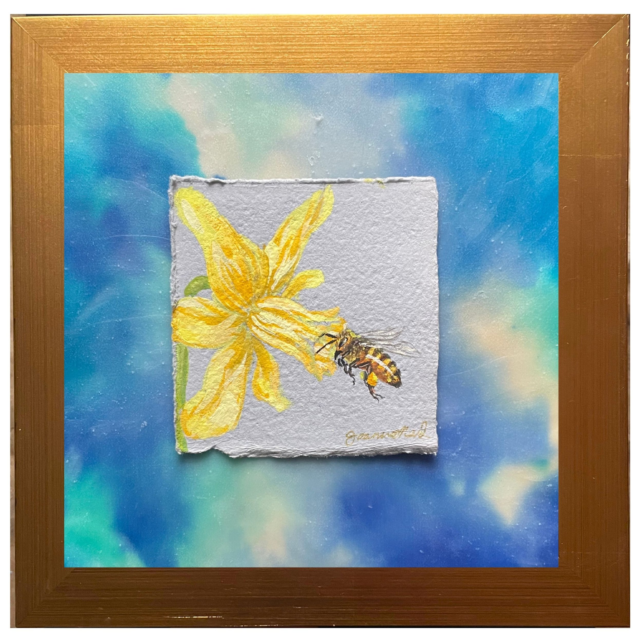Realist honeybee painting with daffodil flower, created on handmade journal paper and mounted on silk and wax panel