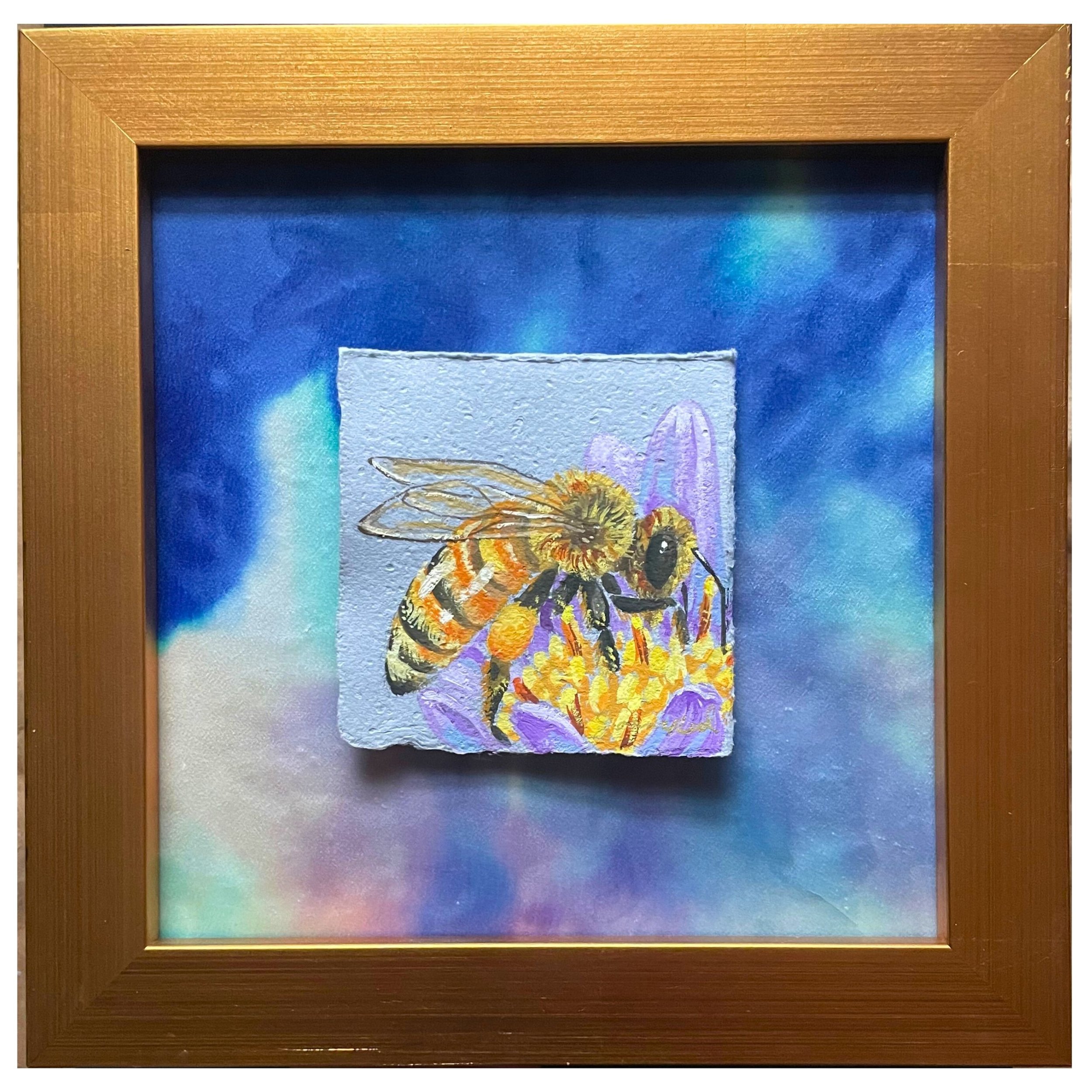 Honeybee in Flower miniature gouache painting with handmade paper on wood panel with hand painted silk by artist Joanna Read