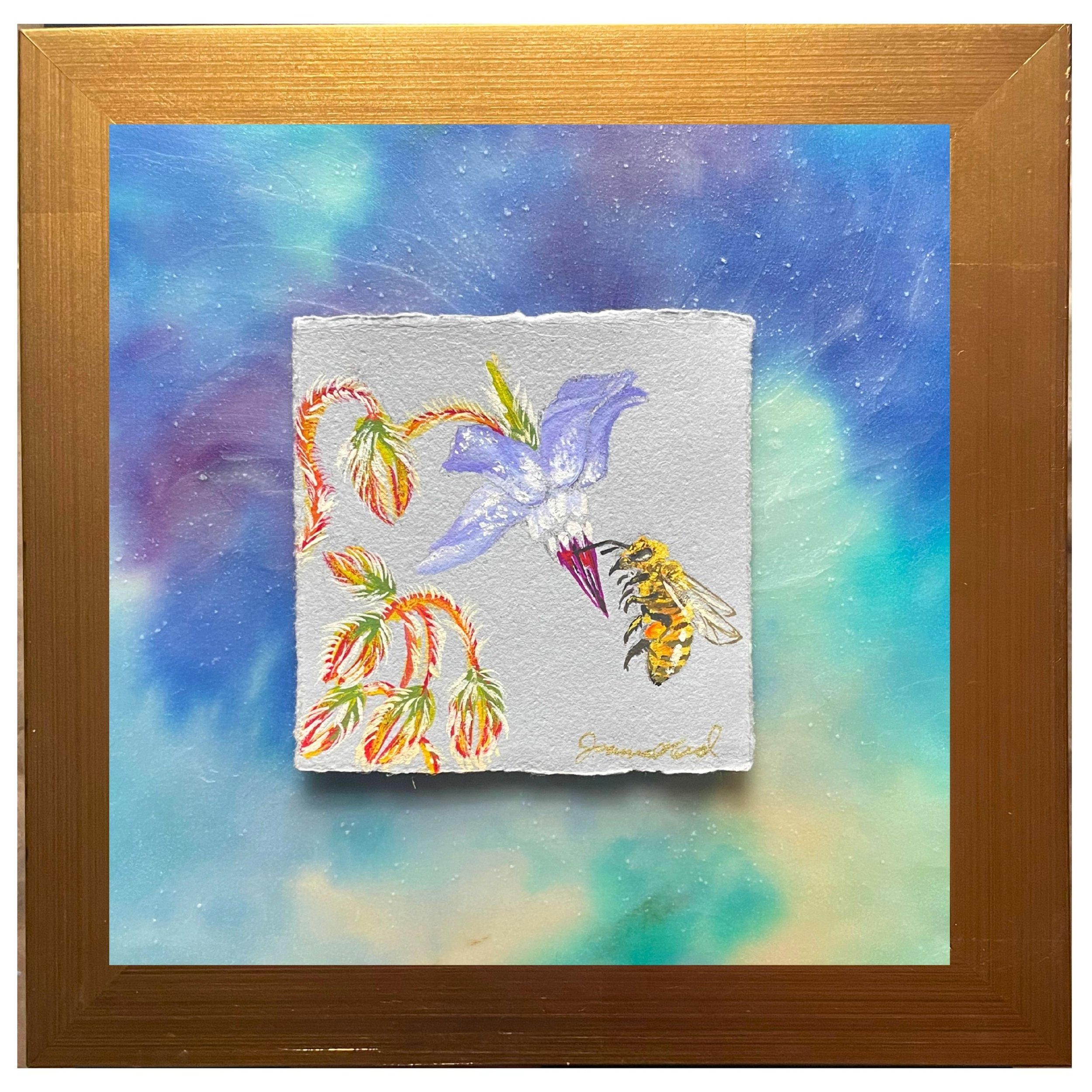 Miniature honeybee painting on wood panel with hand painted silk by artist Joanna Read