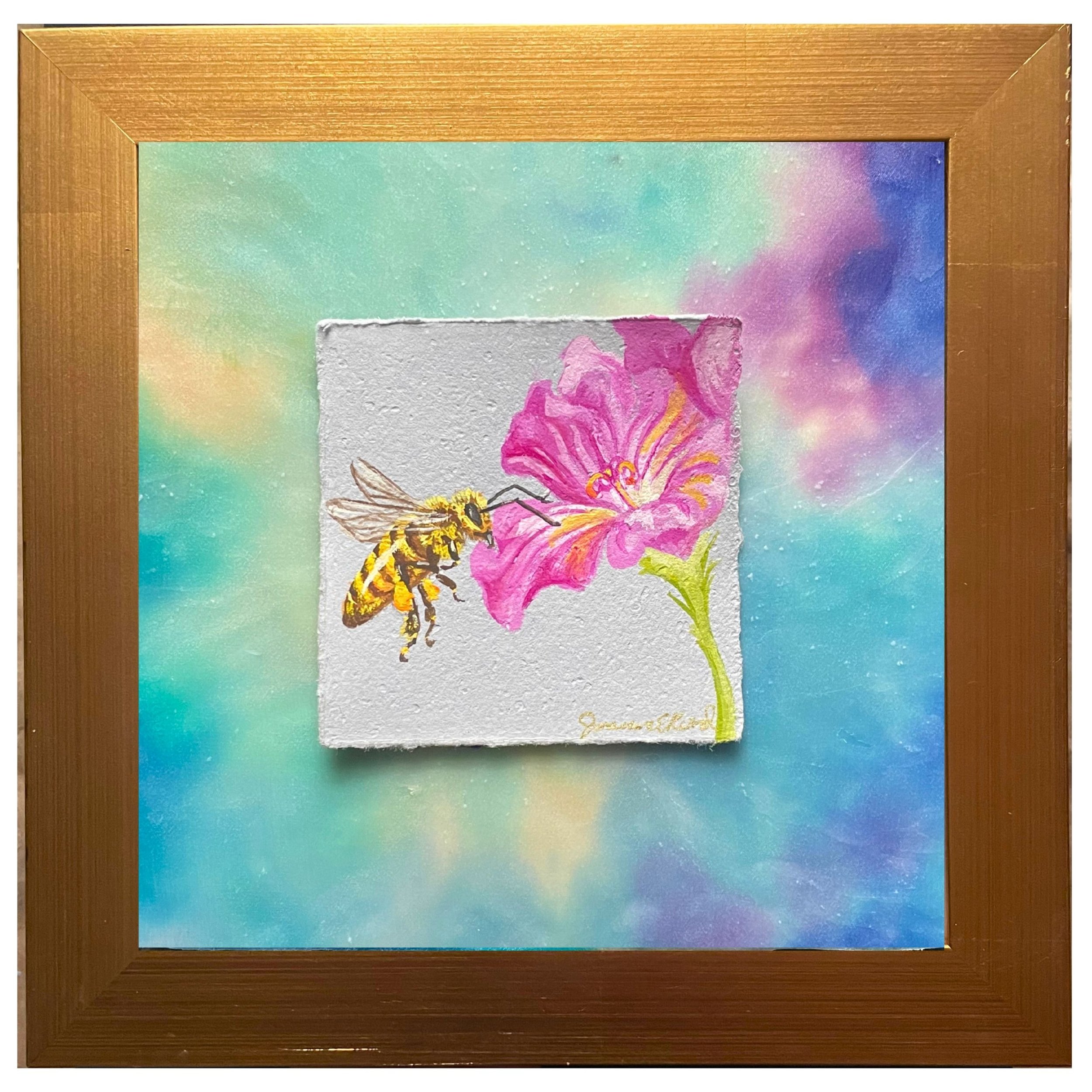Honeybee floral painting on wood panel with hand painted silk by artist Joanna Read