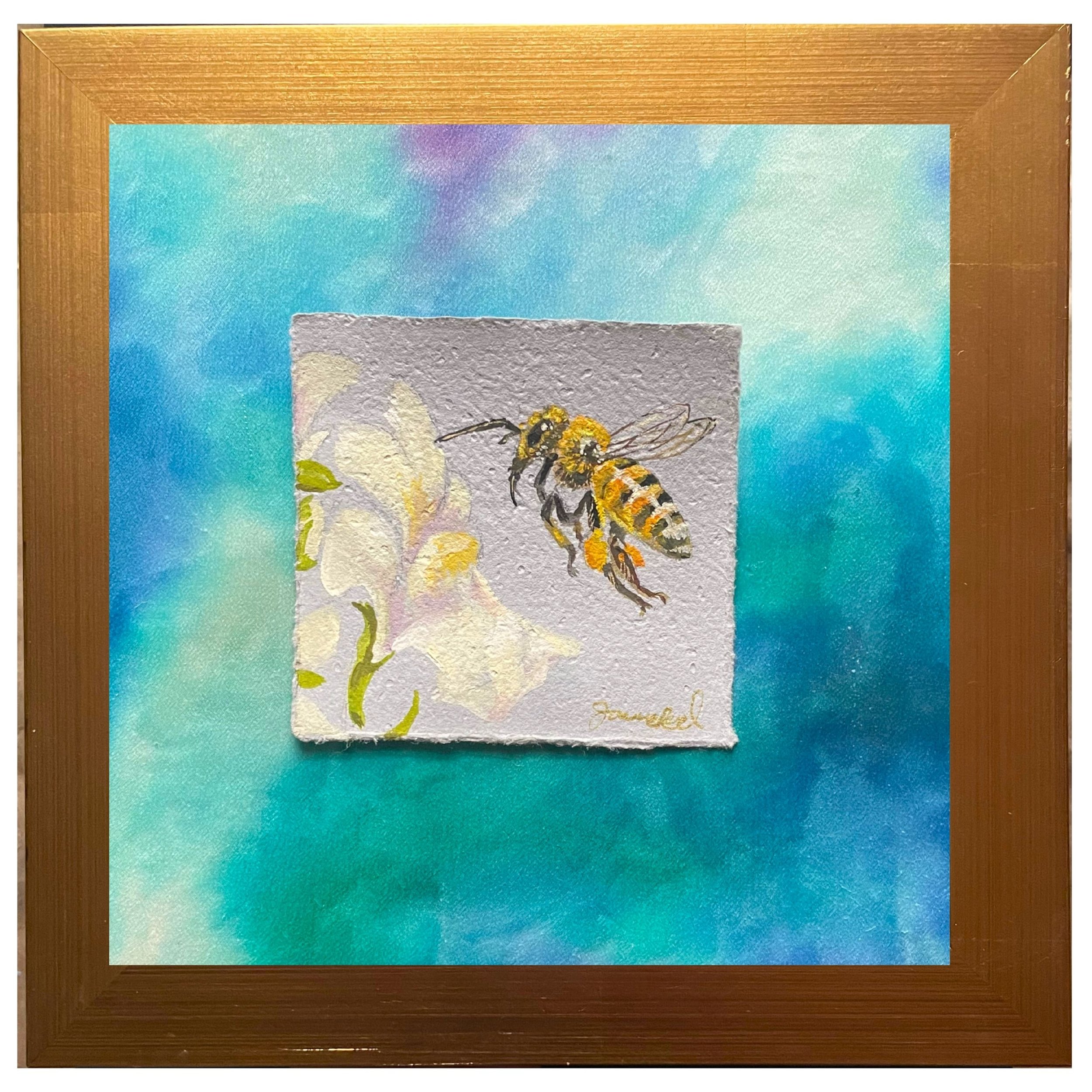 Small Honeybee painting on wood panel with hand painted silk by artist Joanna Read