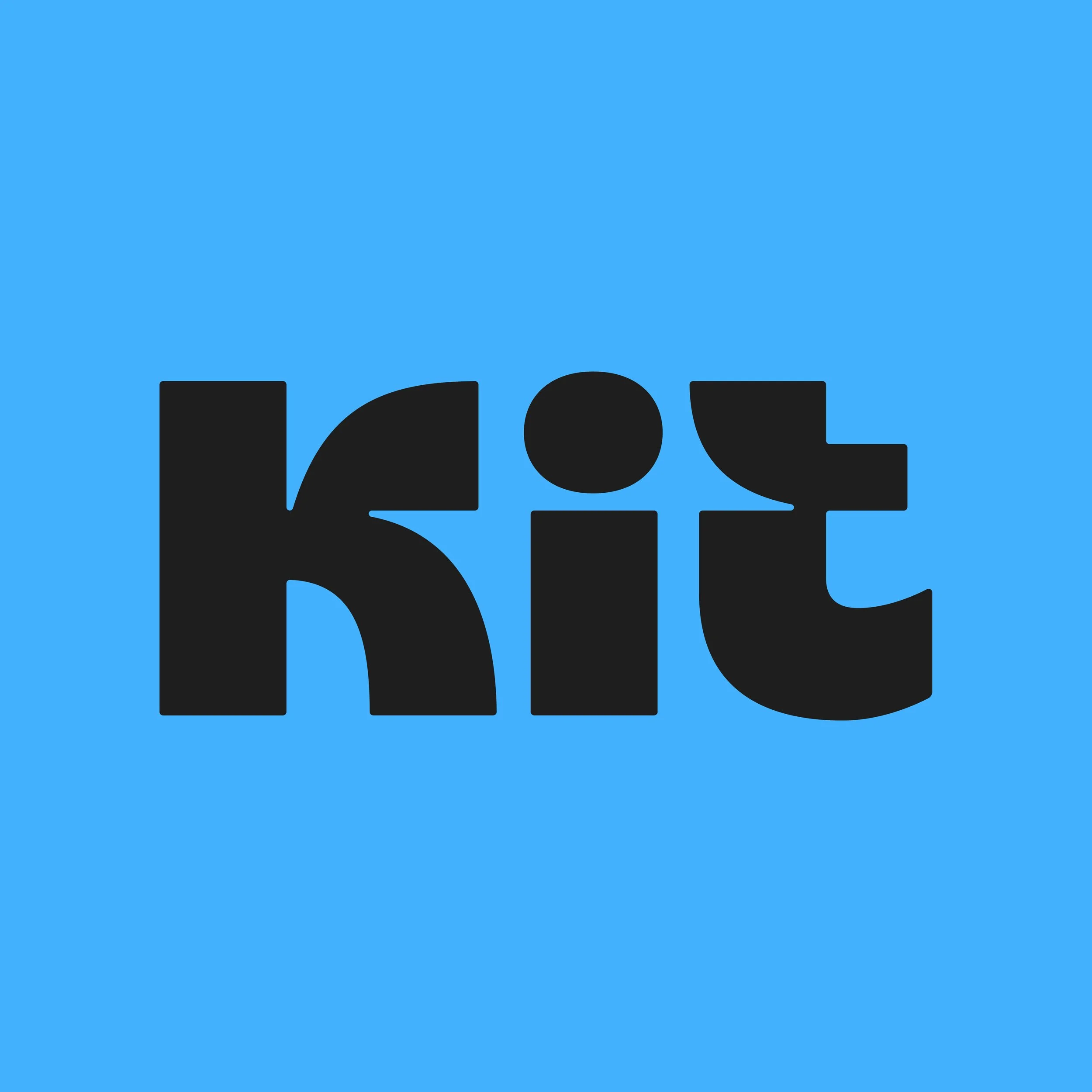 Close-up of the Kit logo on a bright blue background.