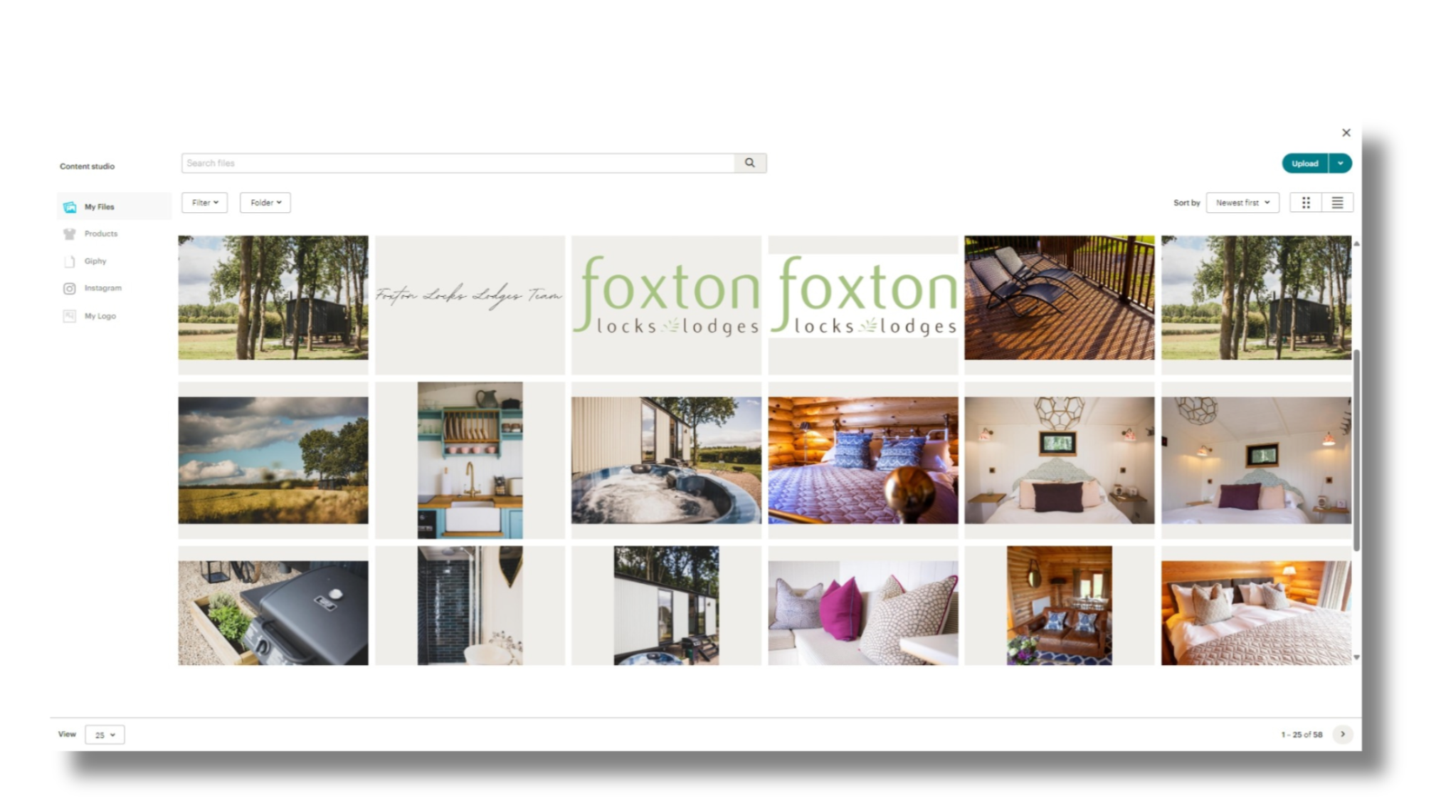 Screenshot of a digital photo gallery with various images of furniture, interior design, and outdoor scenery, labeled with 'foxton' and 'locks lodges' branding.