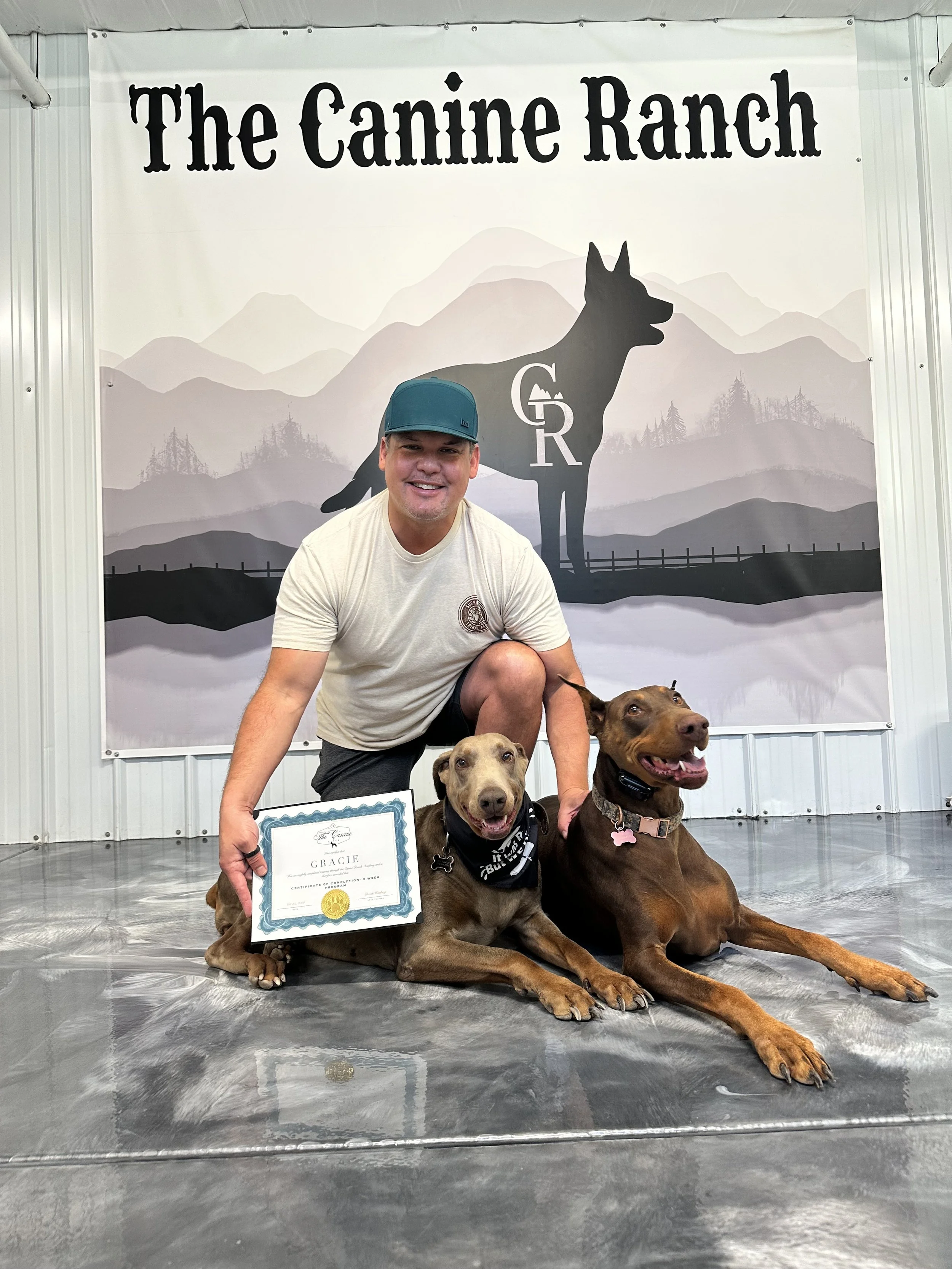 10-year-old Doberman rescue Gracie after completing off-leash dog training in Copperopolis CA, now confidently walking and hiking with her owner and another dog