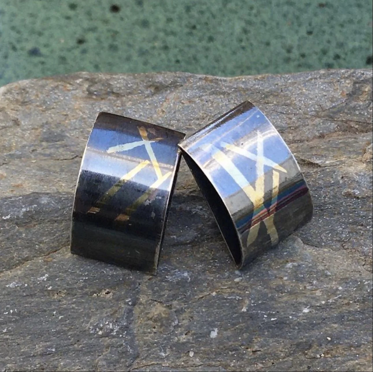 Oxidised Silver Earrings with gold design - Annie Theakstone-Owen