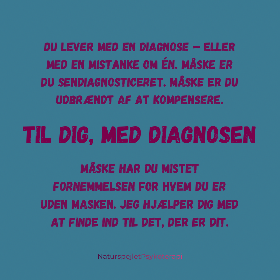Til dig, med diagnosen. Du lever med en diagnose - eller med mistanke om én. Måske er du sendiagnosticeret. Måske er du udbrændt af at kompensere.  Måske har du mistet fornemmelsen for, hvem du er uden masken. jeg hjælper dig med at finde ind til det