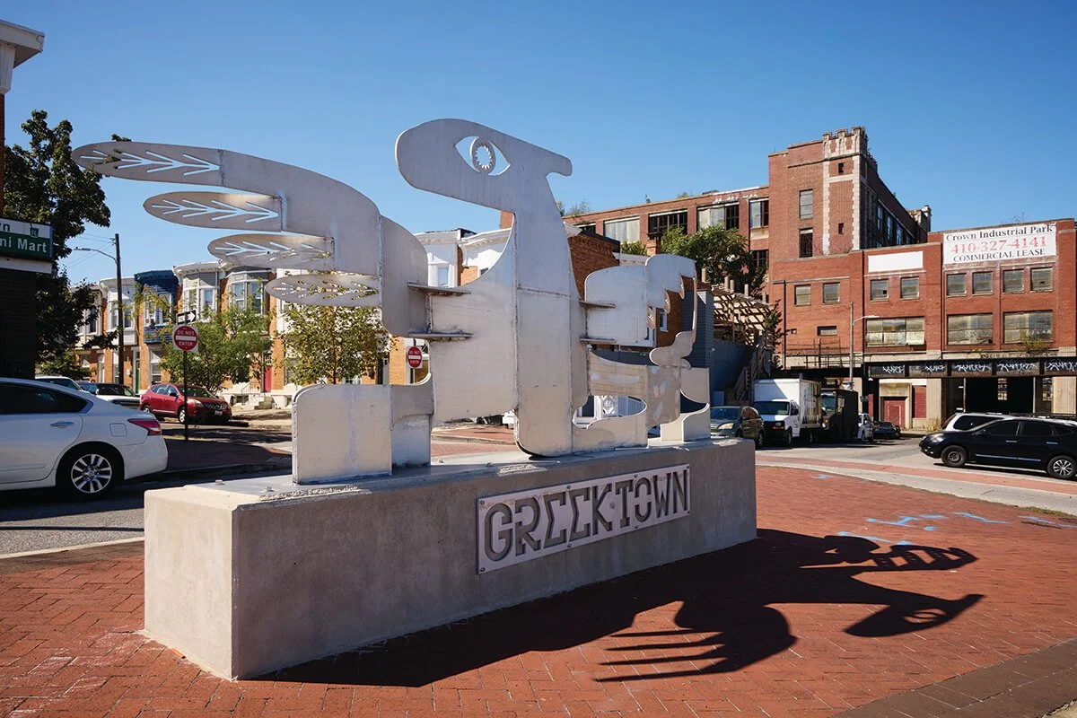 Photo of the Greektown Monument. Photography by Tracey Brown/Papercamera
