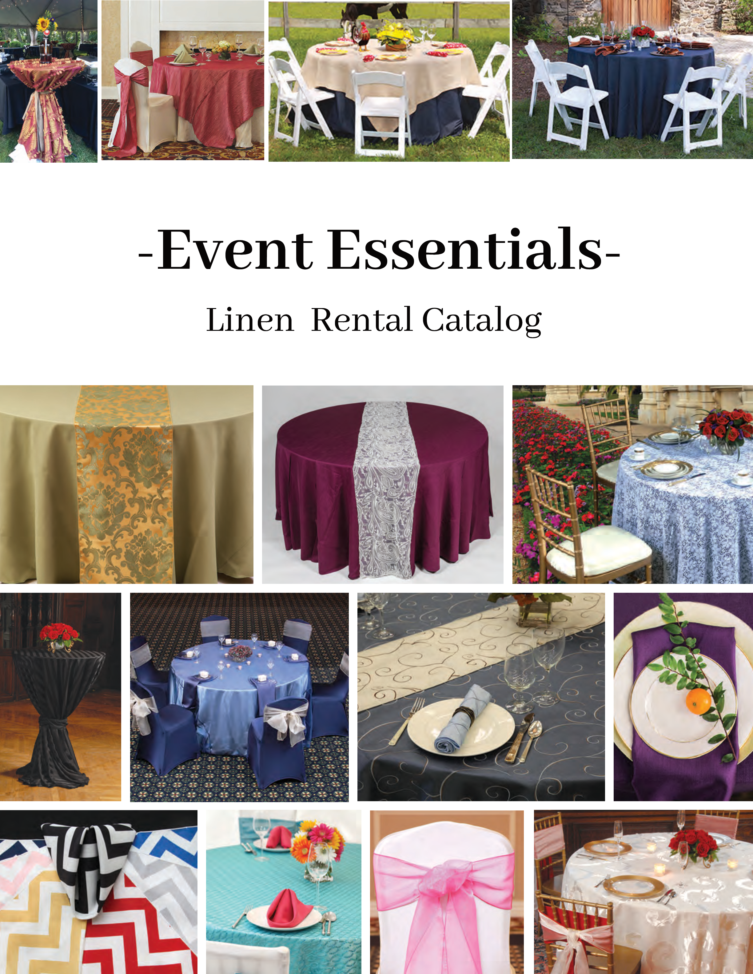A collage of various decorated tables and chairs for events, featuring different colored linens, centerpieces, and settings, including outdoor and indoor arrangements.
