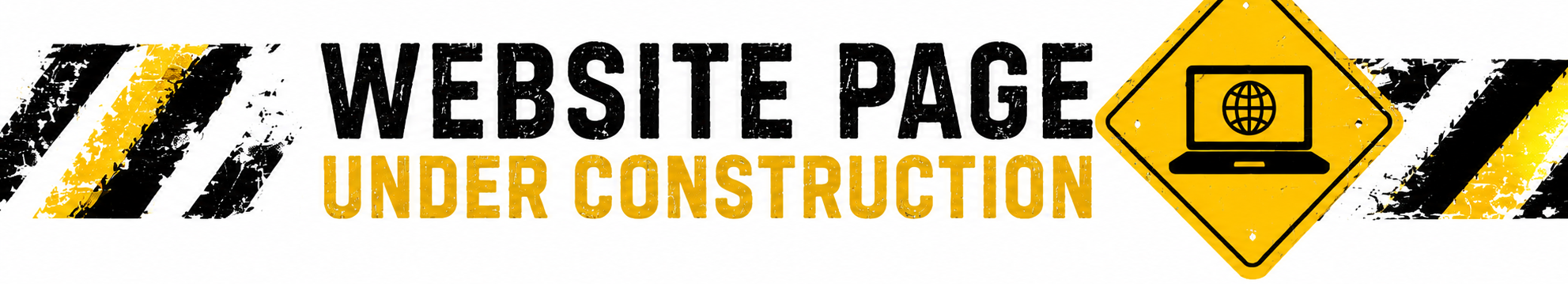 Website page under construction sign with black and yellow caution stripes and a computer with a globe icon.