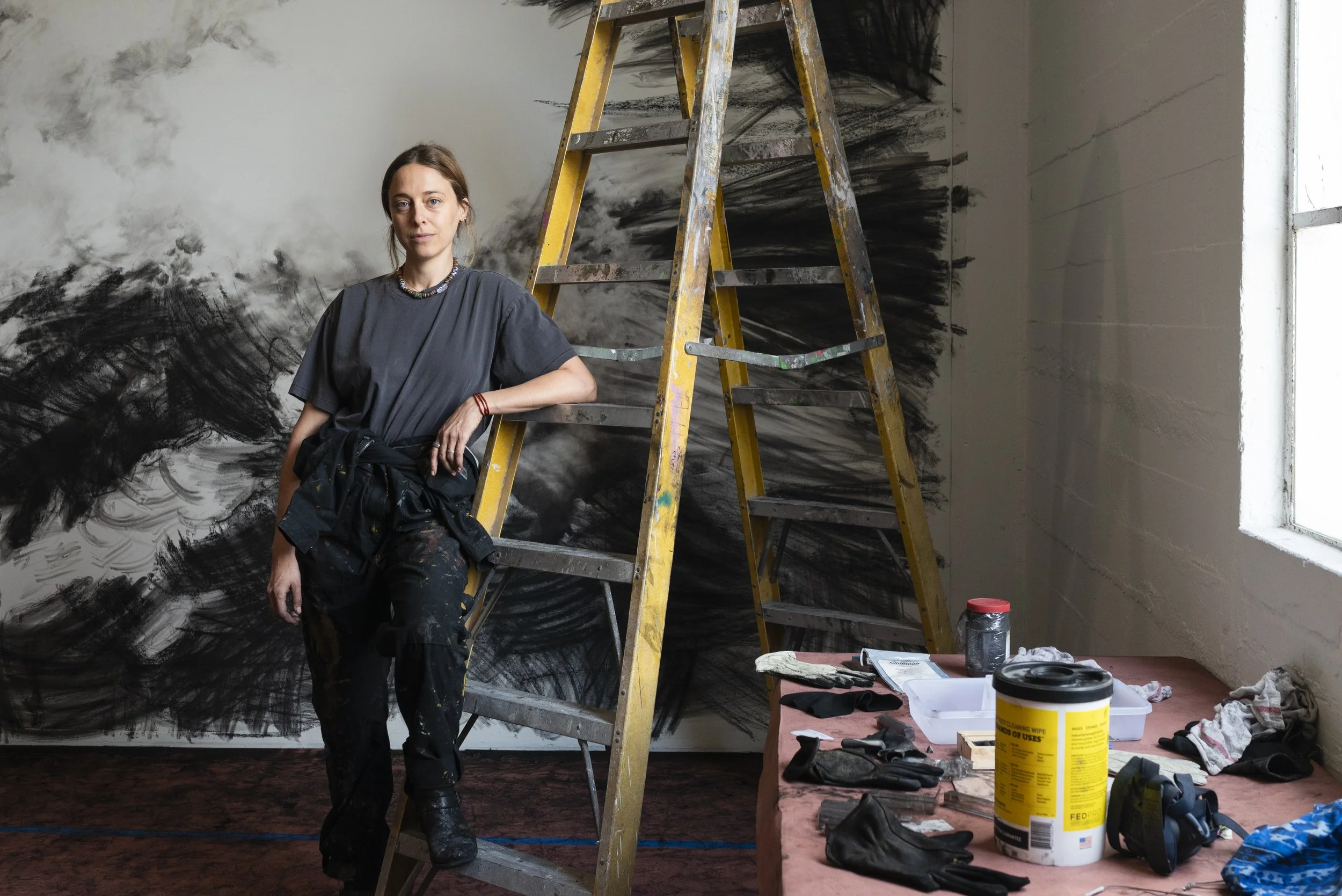 Artist Tatiana Ortiz-Rubio stands for a portrait alongside an unfinished work she is preparing for her upcoming solo exhibition, “Noncompliant,” at Bread & Salt on Thursday, March 5, 2026, in San Diego. (For The San Diego Union-Tribune)