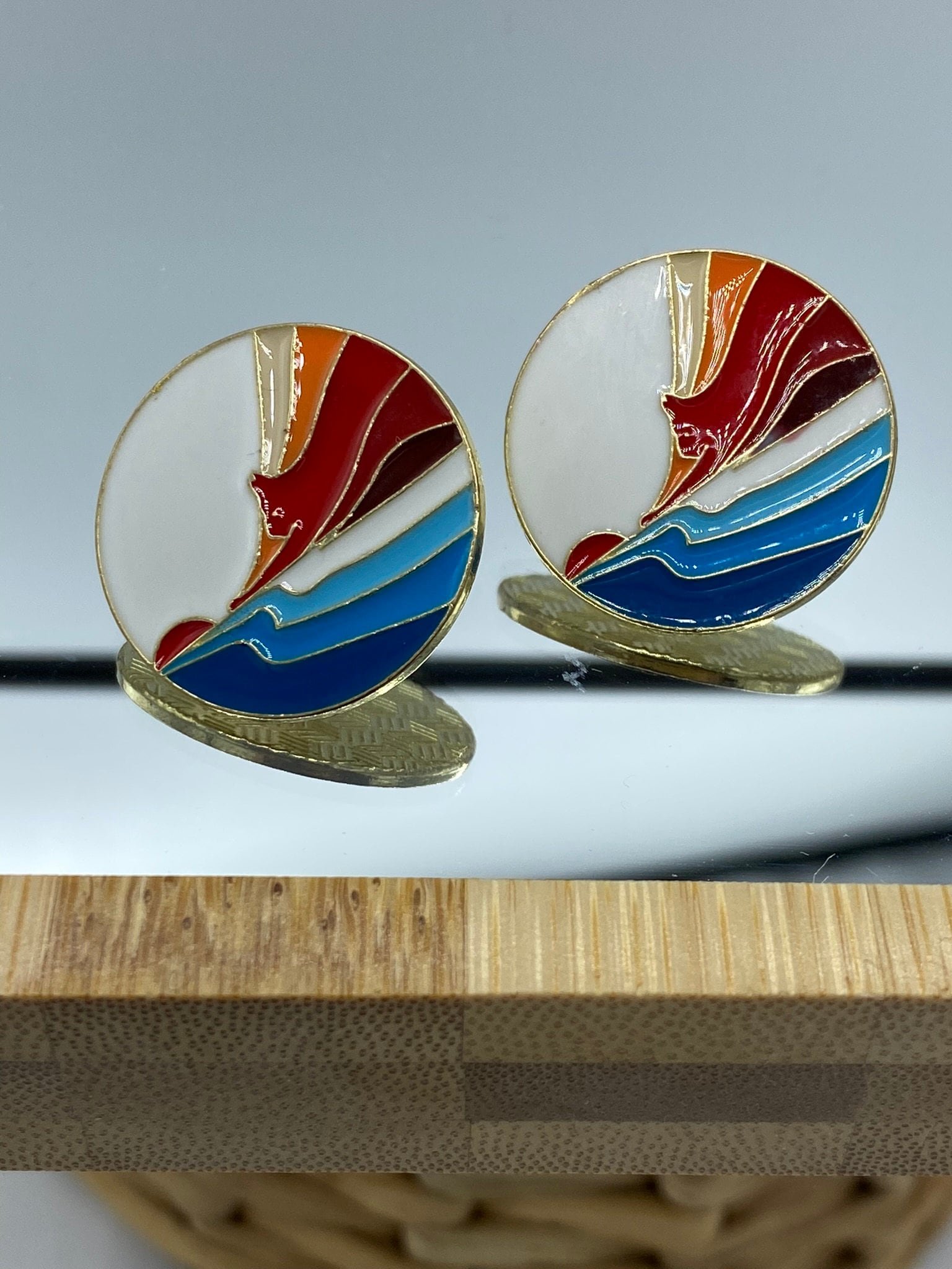 Round cat, sea and sunset clip on earrings