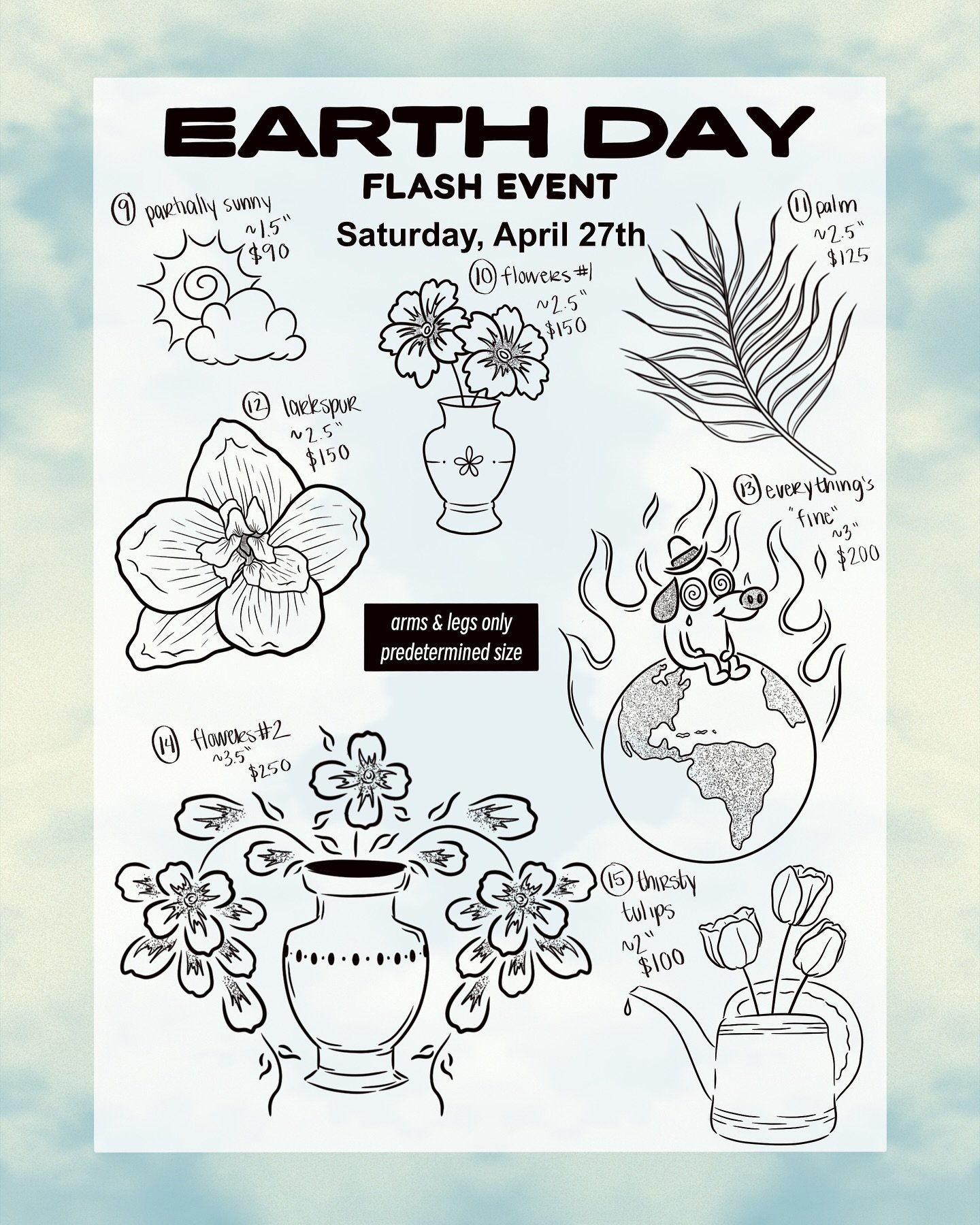 🌎Earth Day Flash Event Sheet🌎

We (@lexcreotattoos &amp; @shanban.tats) are hosting an APPOINTMENT ONLY Earth Day Flash Event! To see designs 1-8, go to @lexcreotattoos profile :) Booking L!nk is LIVE in both our bios. Read for some more important 