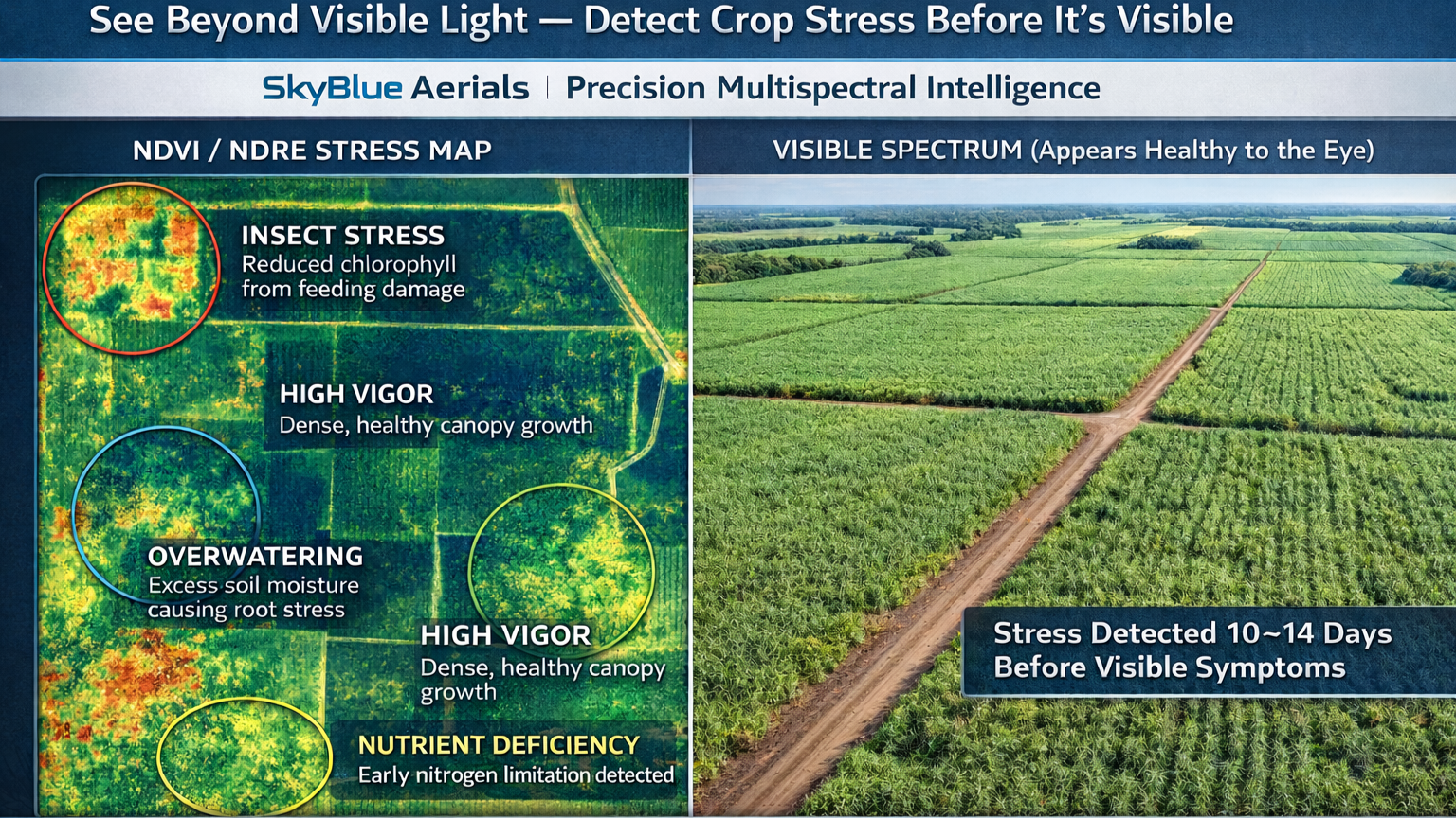 A side-by-side comparison of a crop stress map and a view of a large, green agricultural field. The stress map highlights areas of insect stress, high vigor, overwatering, high vigor again, and nutrient deficiency with color-coded circles and labels. The field appears healthy and lush, with visible pathways crossing through it.