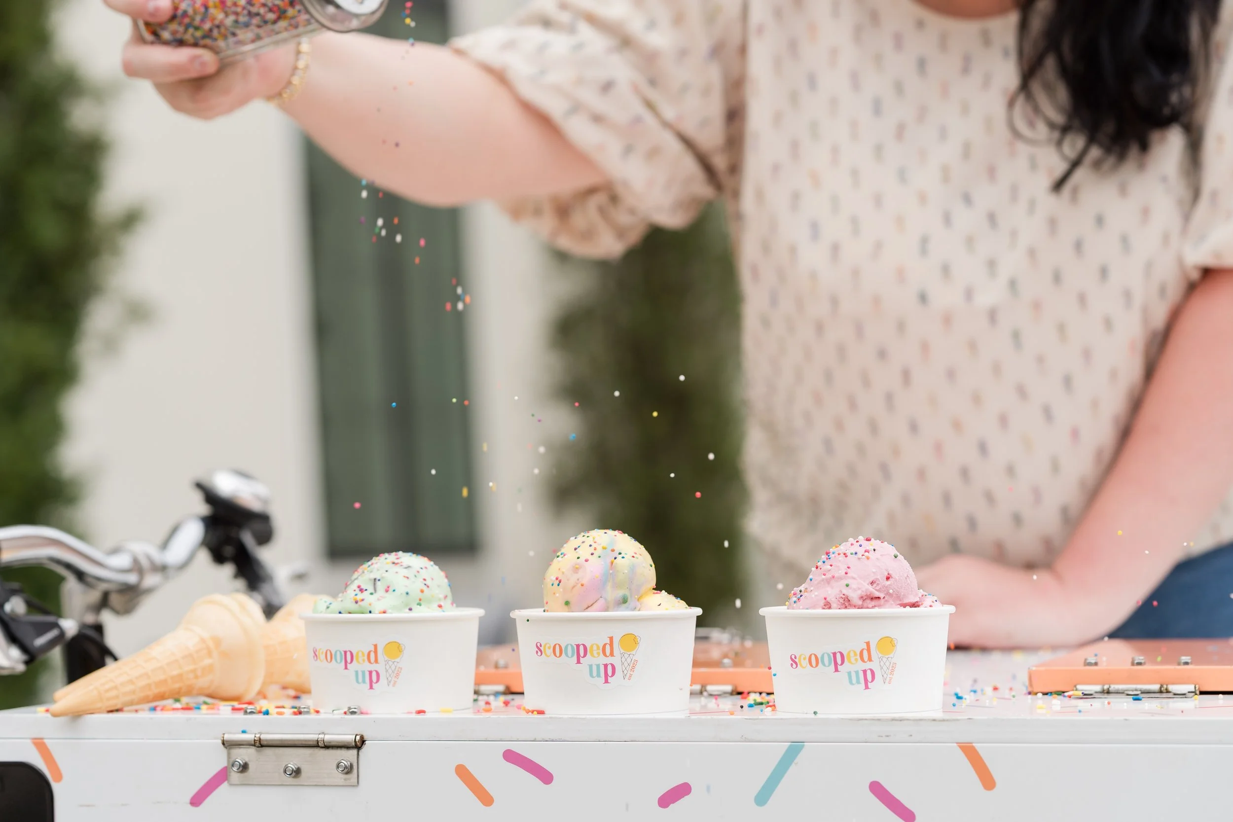 3 flavors of ice cream with sprinkles from the ice cream cart