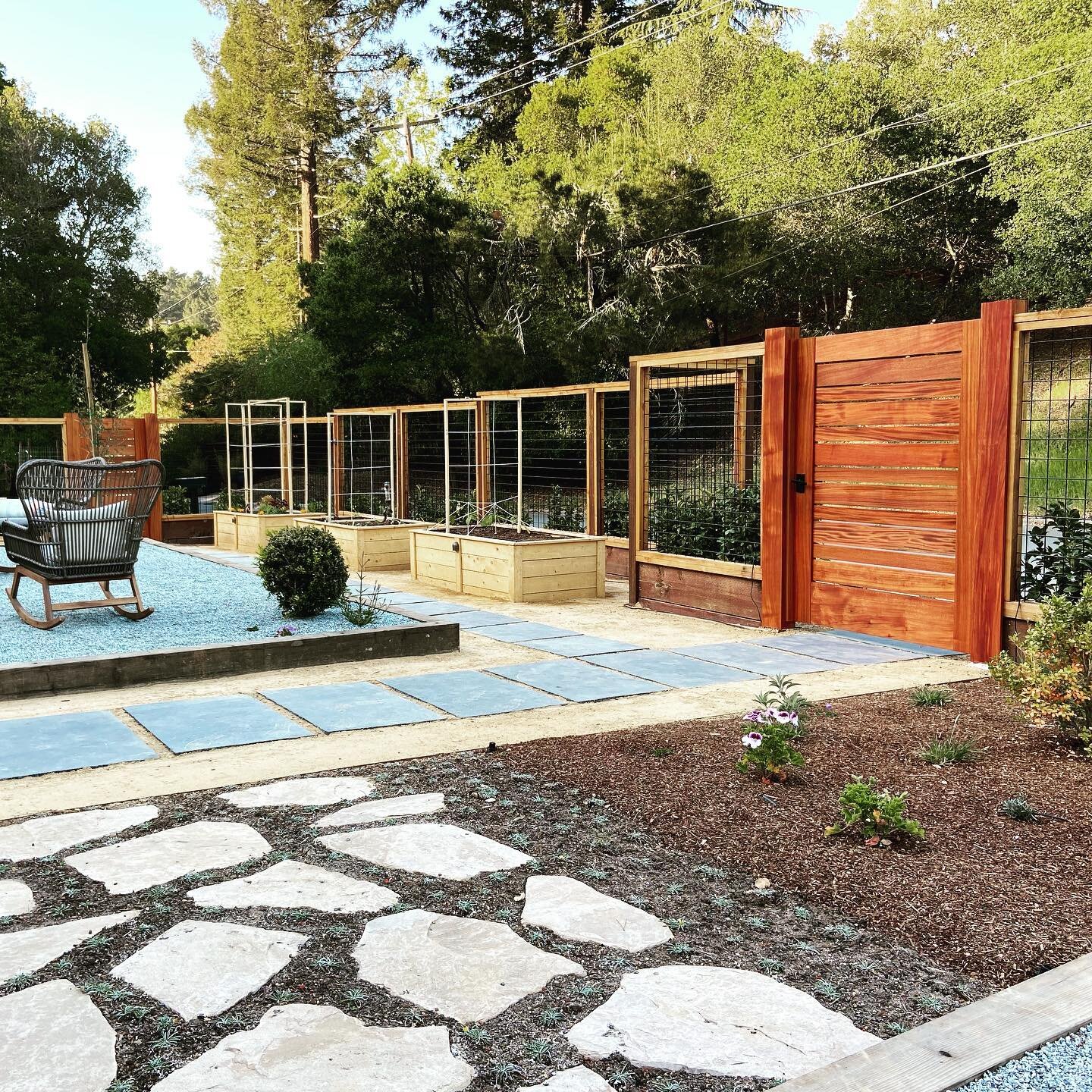 Custom mahogany gate finally installed! Thanks @berkeleymills! This garden used to be an unused, water-thirsty lawn. We transformed it into an outdoor lounge with veggie boxes for food production and a low-water, bee and butterfly garden. More photos