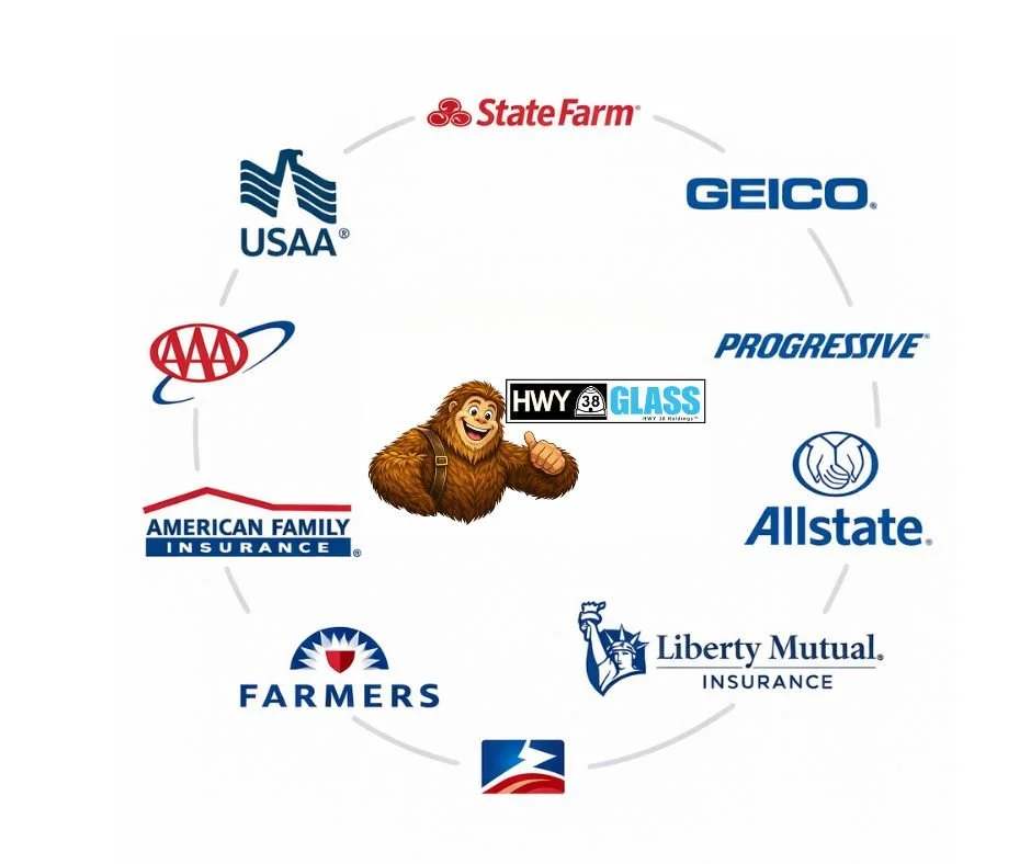 A circular arrangement of various company logos, including State Farm, GEICO, Progressive, Allstate, Liberty Mutual, Farmers, AAA, USAA, American Family Insurance, and a highway sign with a bear mascot in the center.