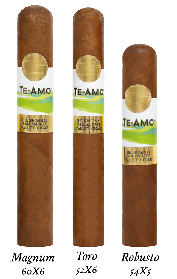 Three sizes of Te-Amo World Selection cigars: Robusto, Toro, and Churchill, all featuring 100% San Andrés Valley vertical production tobacco."