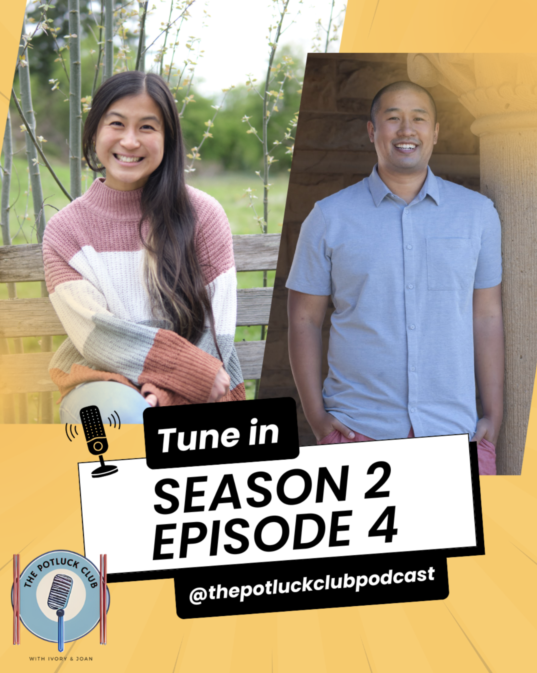 Female podcast host next to male guest dietitian on a podcast episode cover