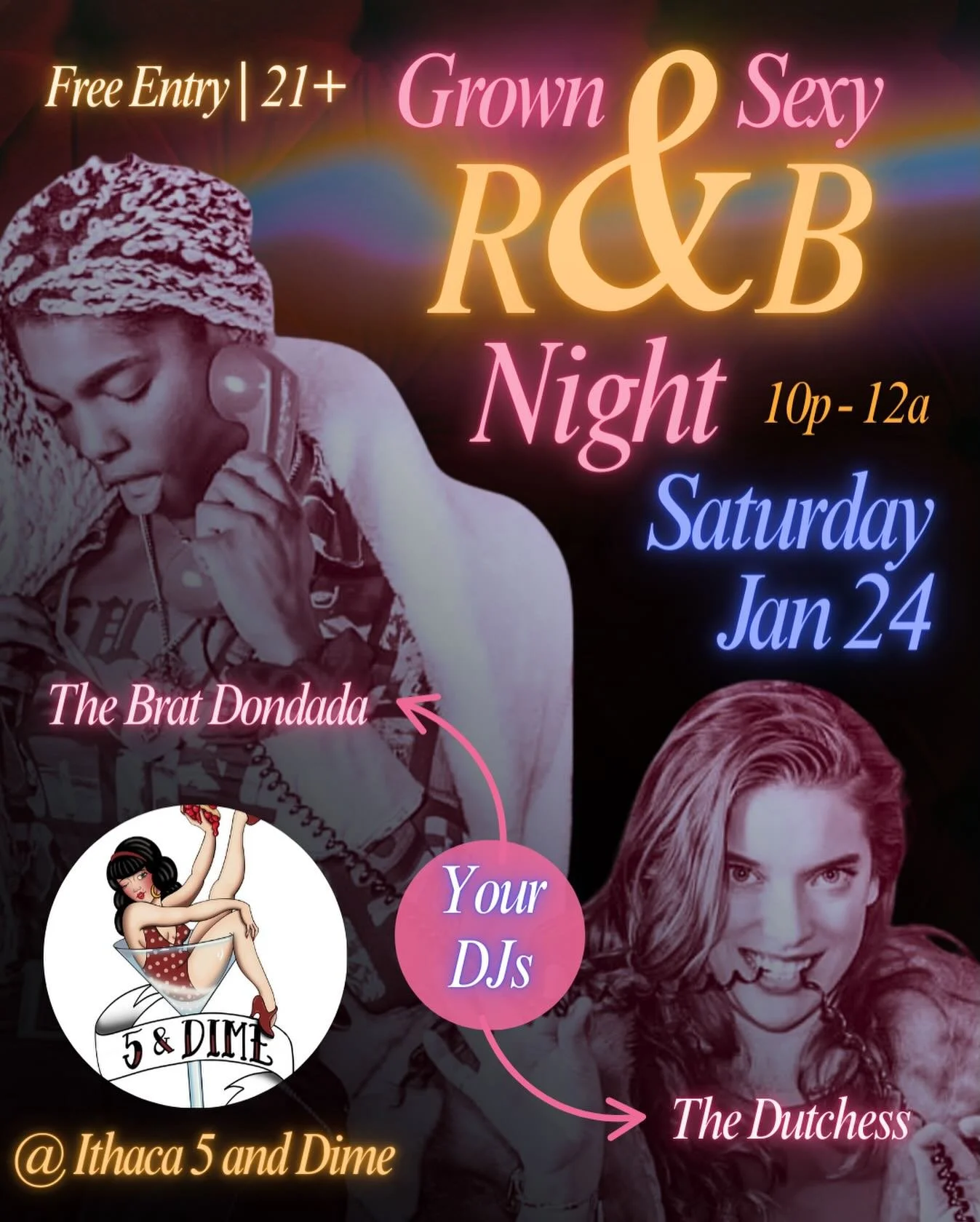 It&rsquo;s cold outside ❄️ but we&rsquo;re turning up the heat 🔥@ithaca5anddime for Grown &amp; Sexy R&amp;B Night 🫦 Order your favorite mocktail or cocktail 🍸 and slide on the dancefloor 💃🏽with @the.brat.dondada and @thedutchessofspiritposse on