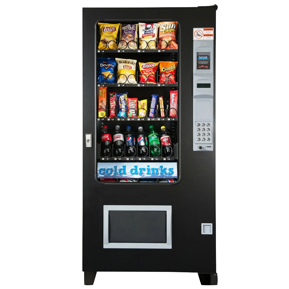 Vending machine stocked with potato chips, snack bars, and bottled sodas, with a sign that says "cold drinks."