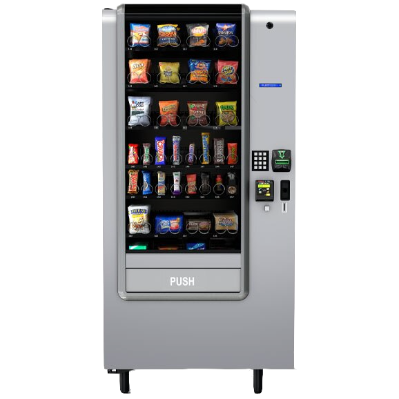 Vending machine stocked with chips and snacks.