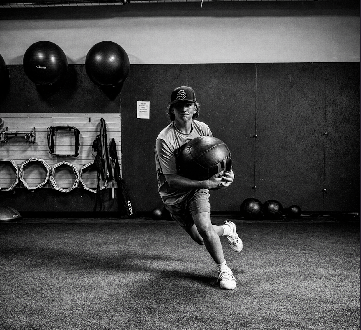 A young man in a gym holding a large exercise ball, mid-action, with therapy balls and exercise equipment on the wall behind him, in black and white.