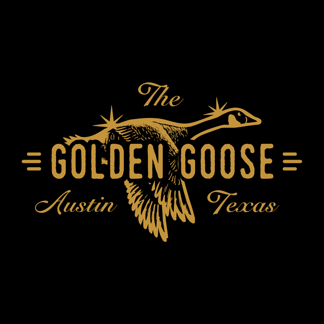 Logo for The Golden Goose featuring a gold-colored goose with sparkling accents, with text indicating Austin, Texas.