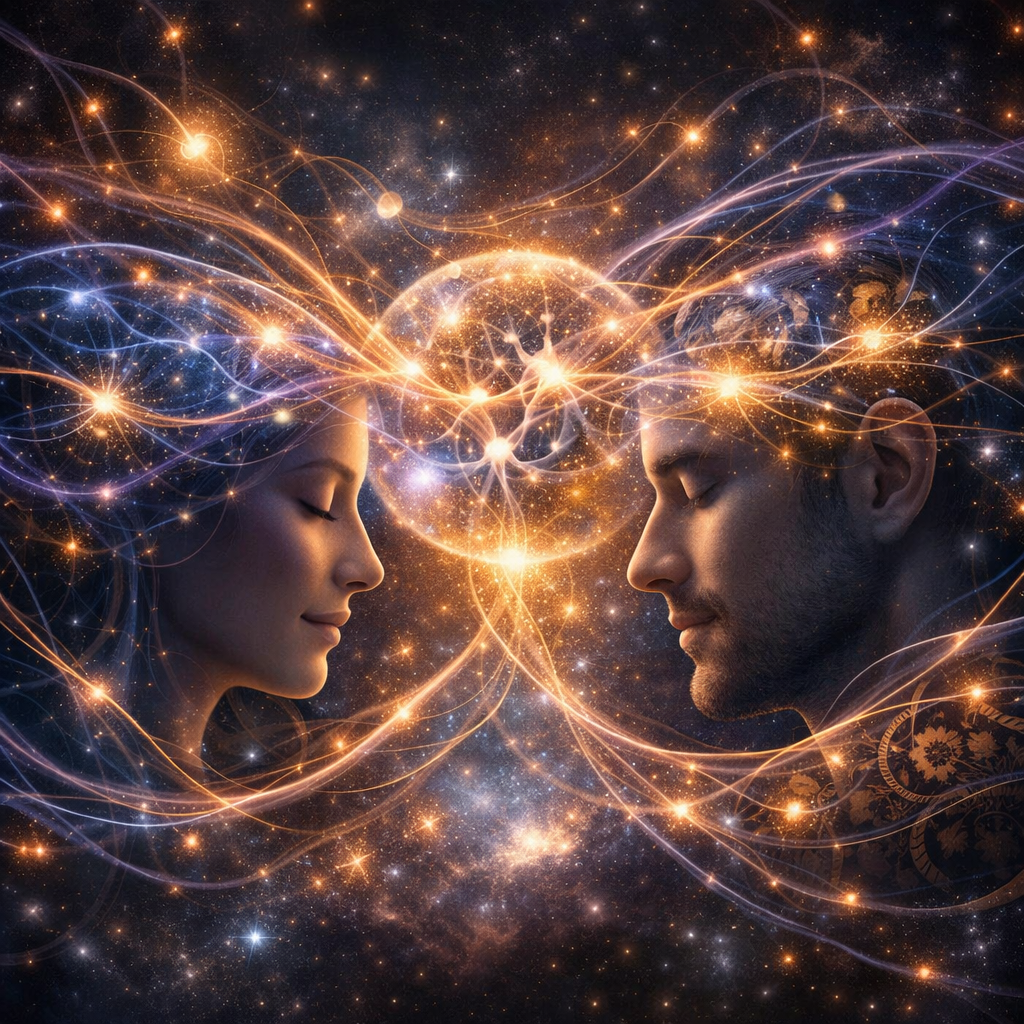 A digital artwork depicting a woman and a man facing each other amidst a cosmic scene filled with stars, glowing lines, and light effects symbolizing a connection or shared energy.