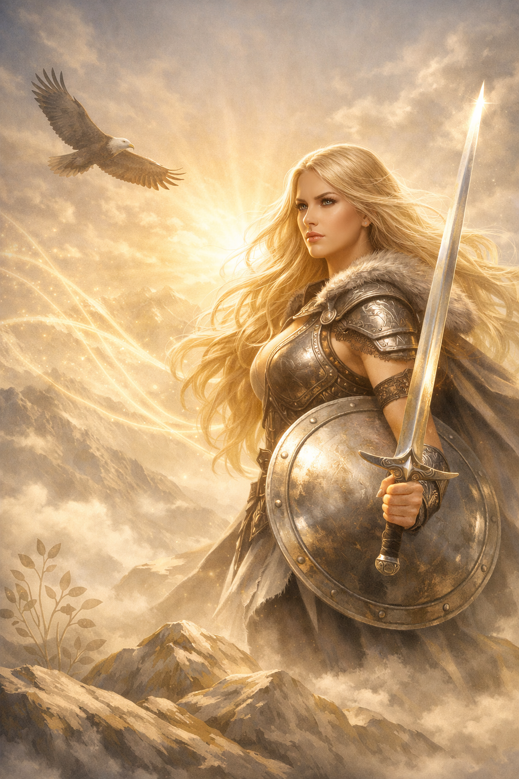 A fantasy scene featuring a blonde woman in medieval armor holding a sword and shield, with a bird flying in the sky and a glowing, cloudy mountain background.
