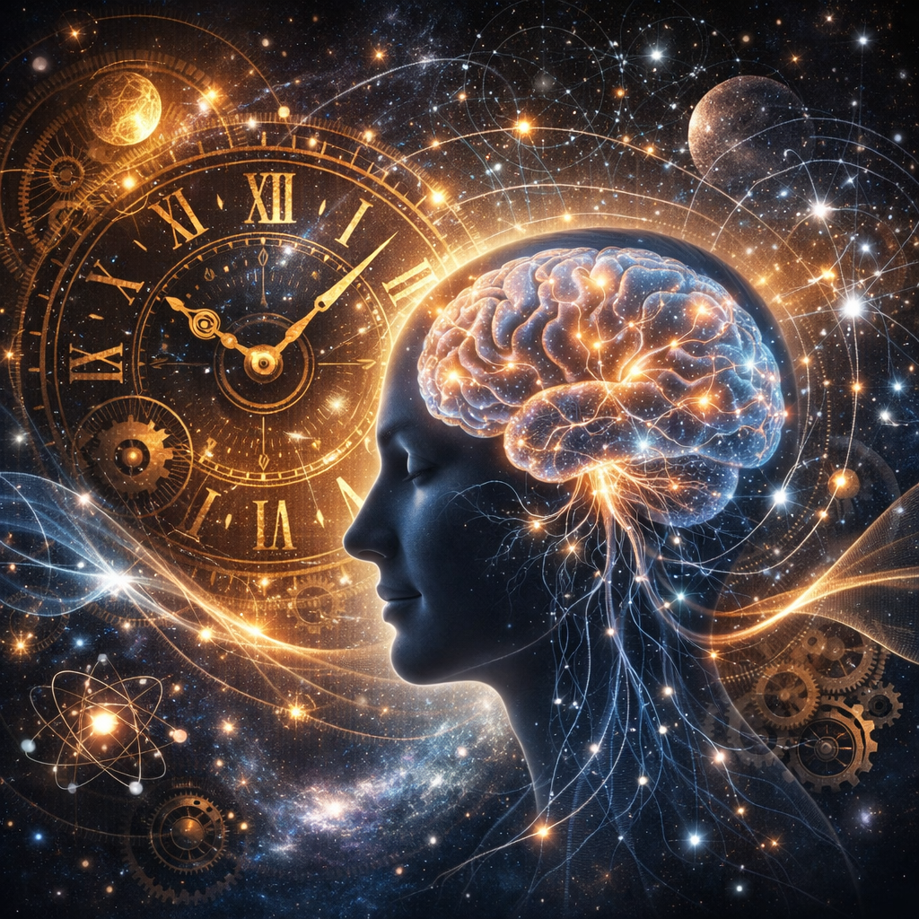 A digital illustration of a human head in profile with illuminated brain neurons, surrounded by a cosmic background with stars, planets, clock gears, and atom symbols, symbolizing the concept of time and the human mind.