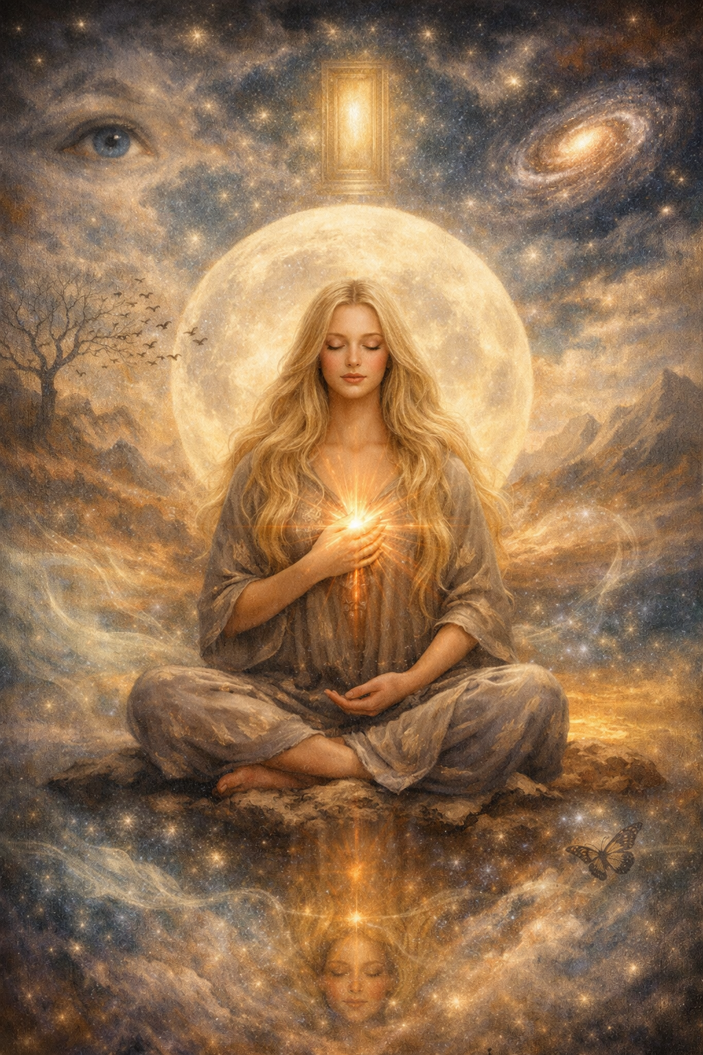 A woman with long blonde hair sitting cross-legged, holding a glowing light to her chest. Behind her is a large moon, surrounded by stars, planets, and a galaxy. An eye appears in the sky to the left, with a door floating above her. The scene has a mystical, cosmic atmosphere with warm, glowing tones.