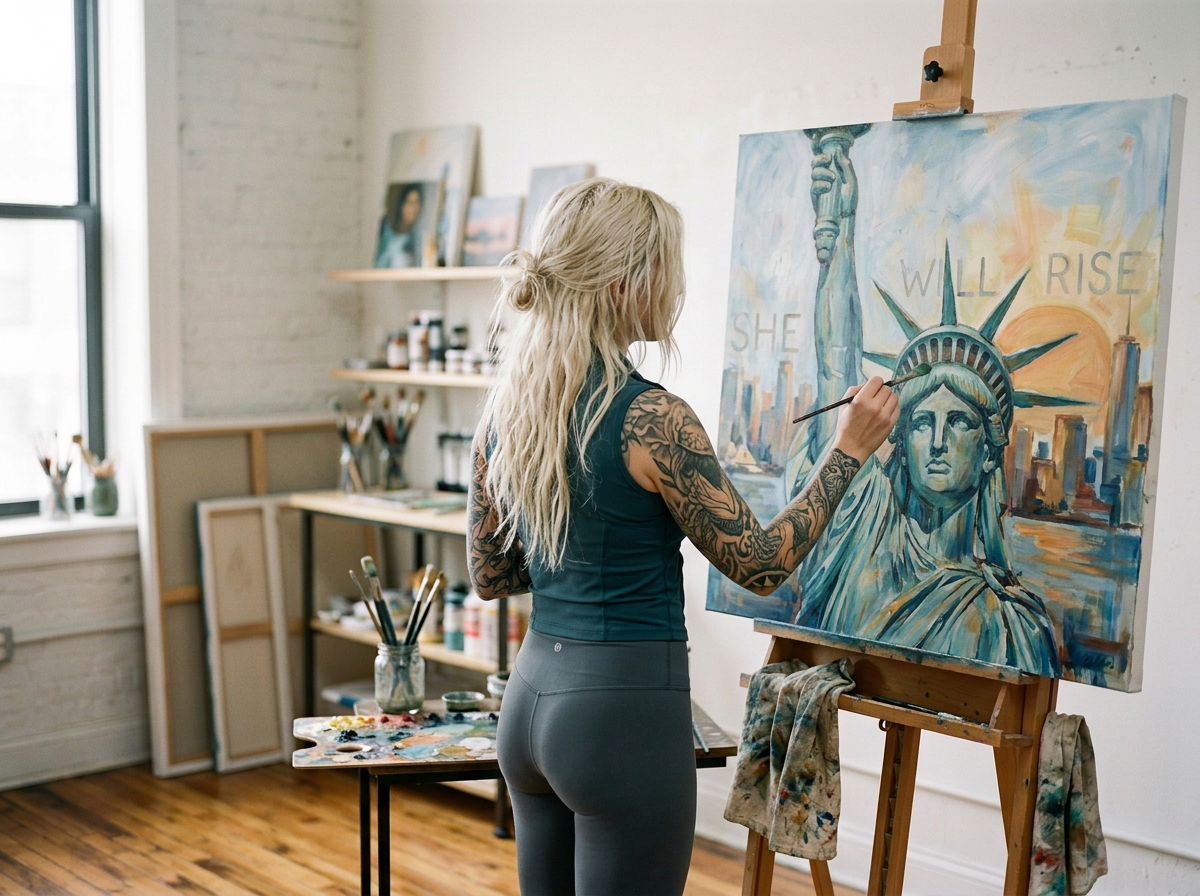 A woman with long blonde hair and tattoos on her right arm is painting the Statue of Liberty on a canvas in an art studio. The canvas features the words "SHE WILL RISE" and a city skyline in the background.